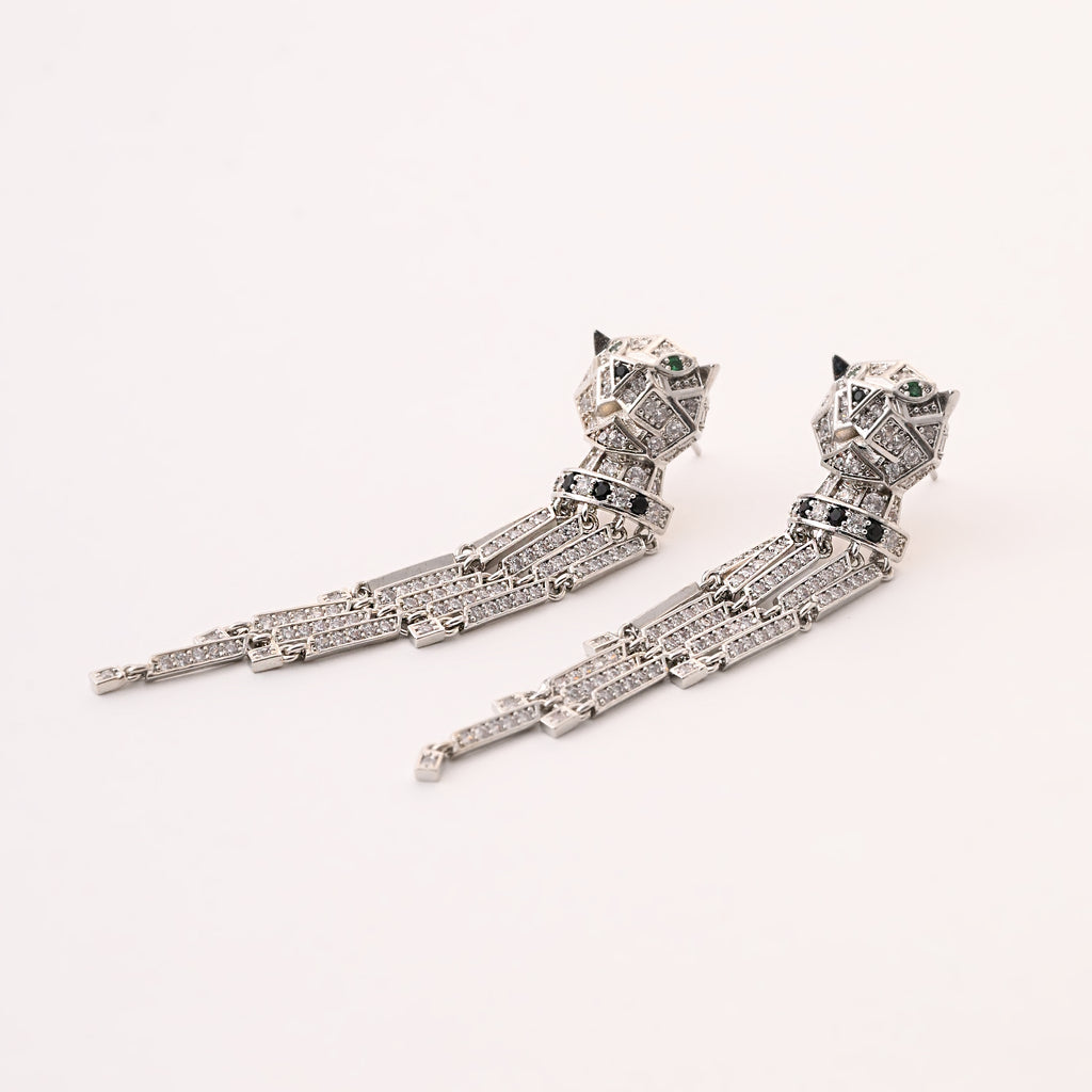 Silver Panther Tassel Statement Earrings