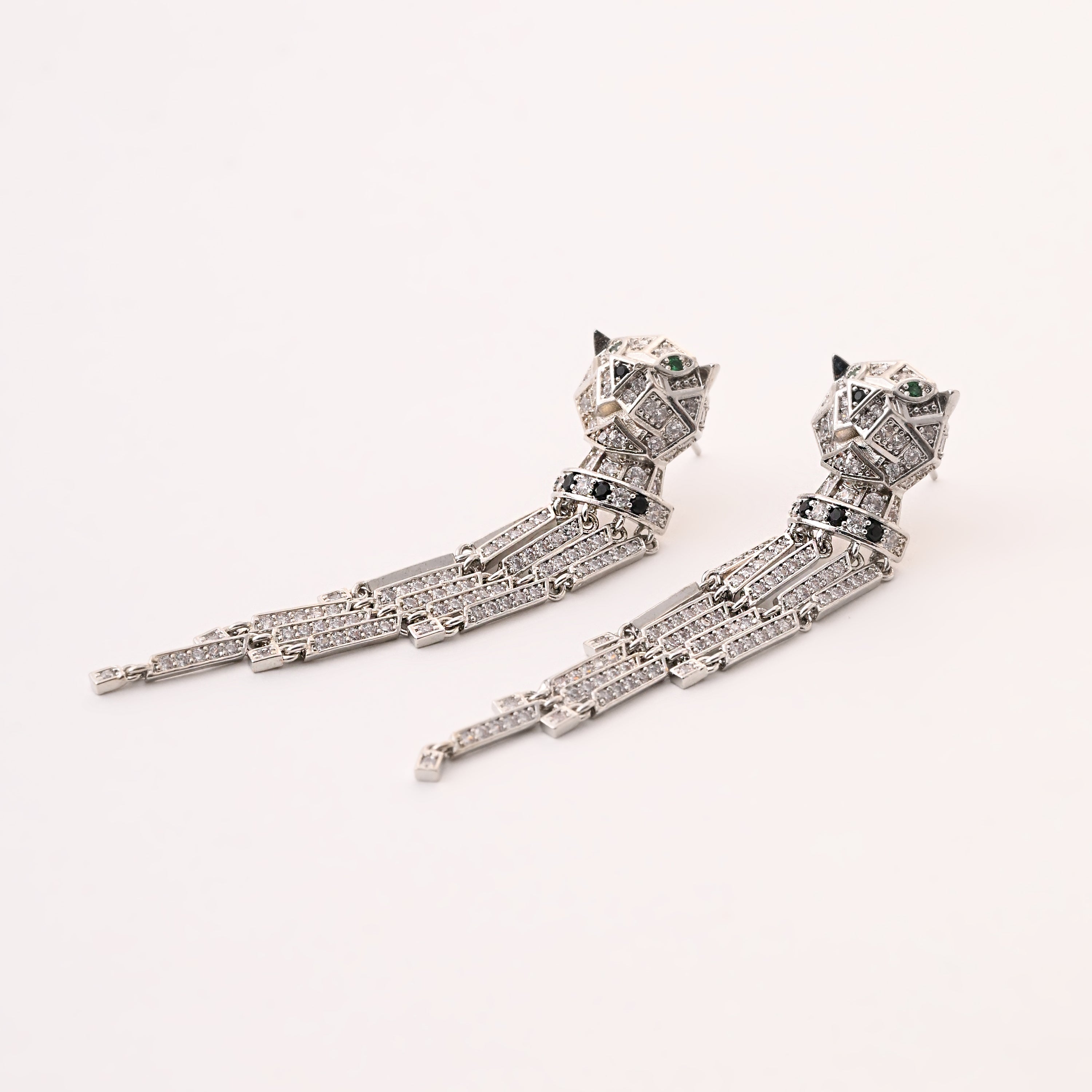 Silver Panther Tassel Statement Earrings