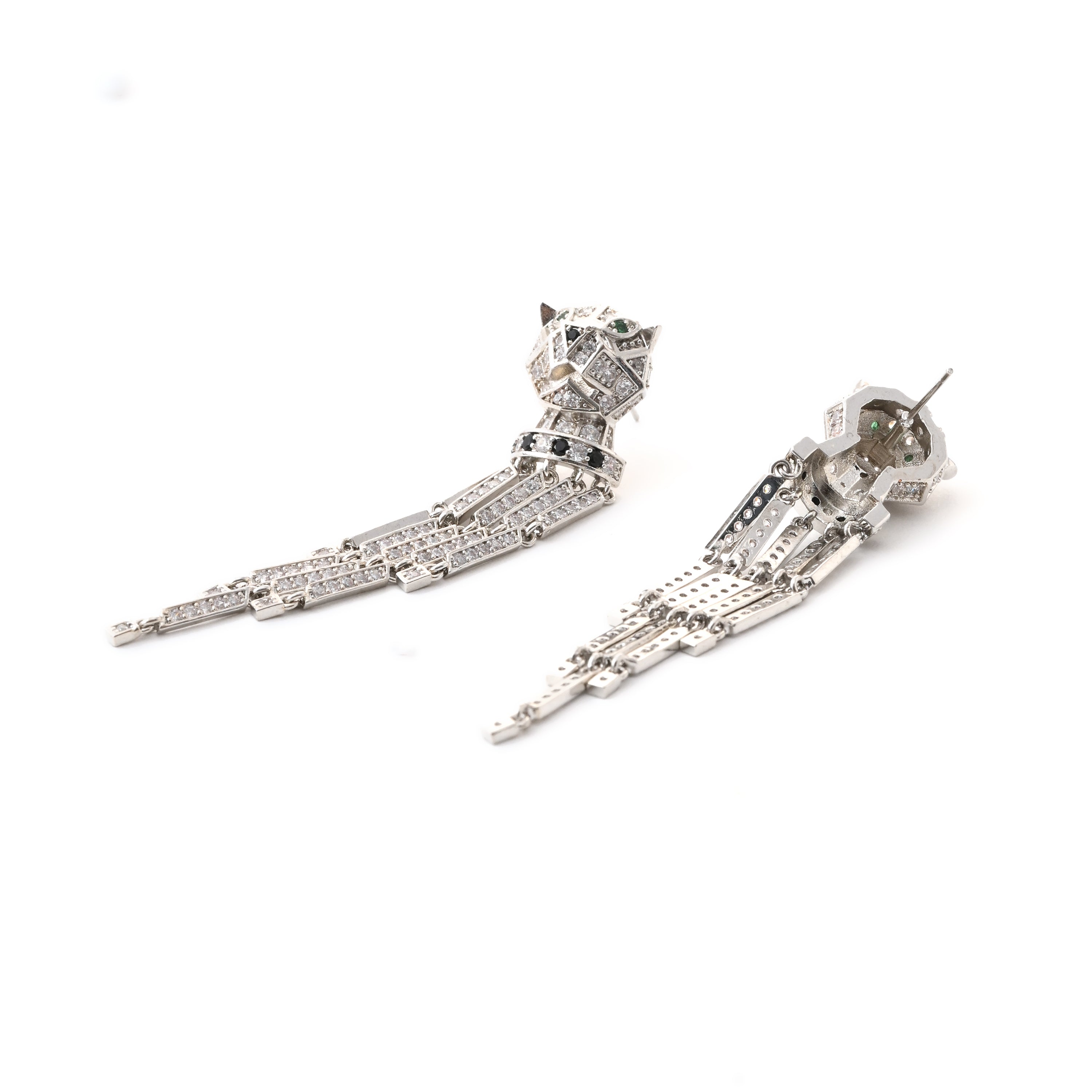 Silver Panther Tassel Statement Earrings