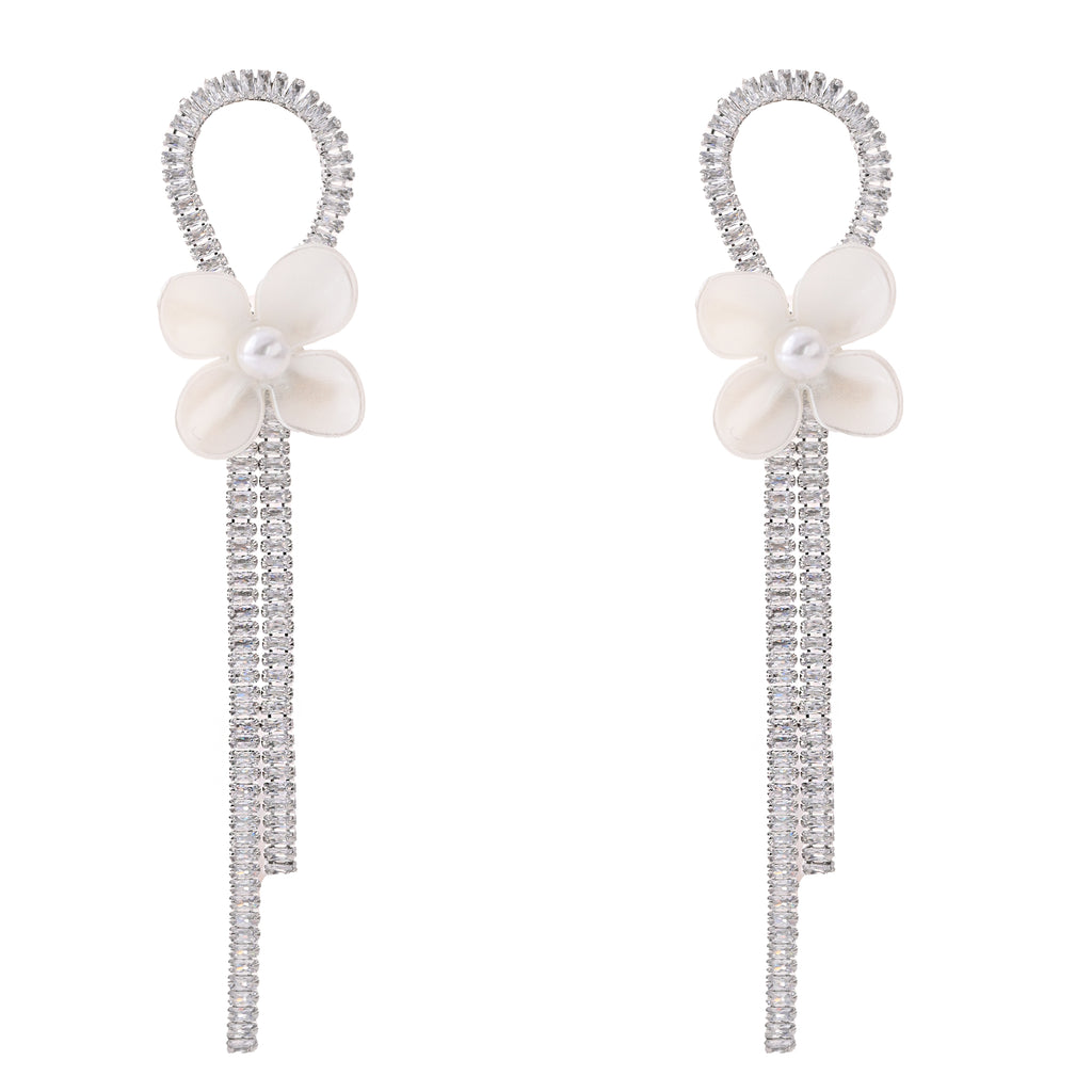 White Floral Loop Tassel Earrings