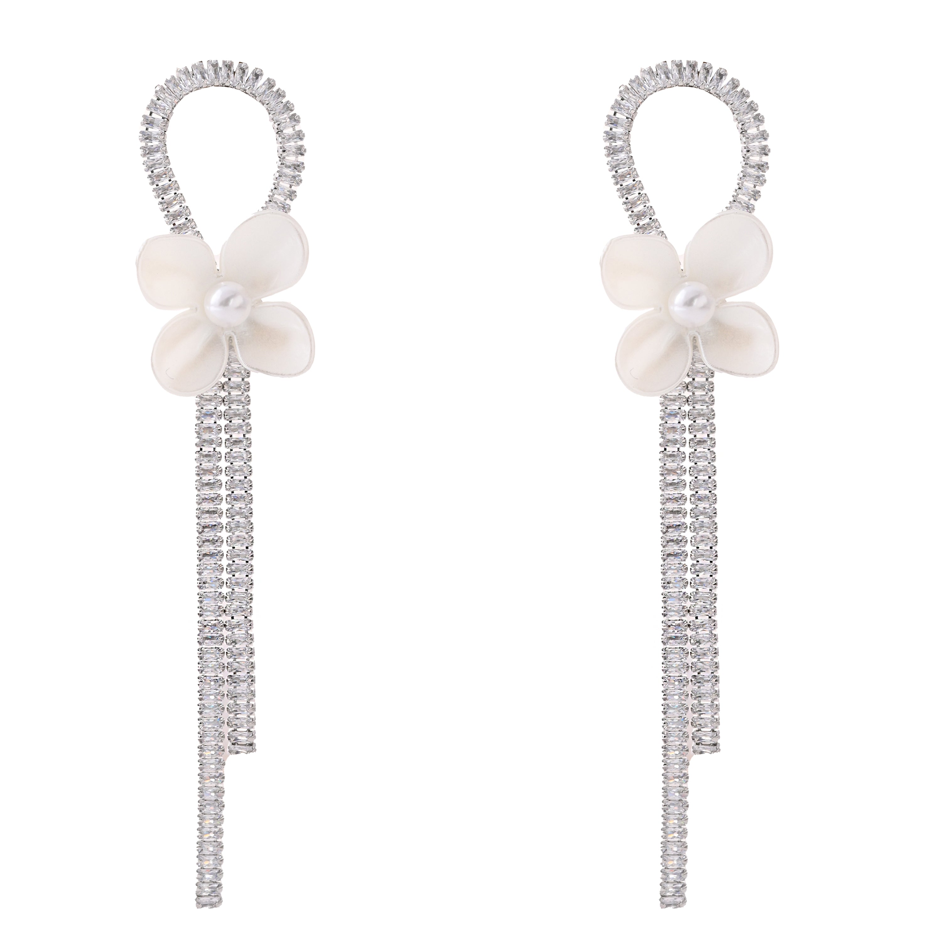 White Floral Loop Tassel Earrings