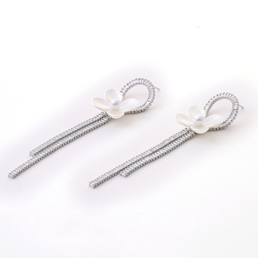 White Floral Loop Tassel Earrings