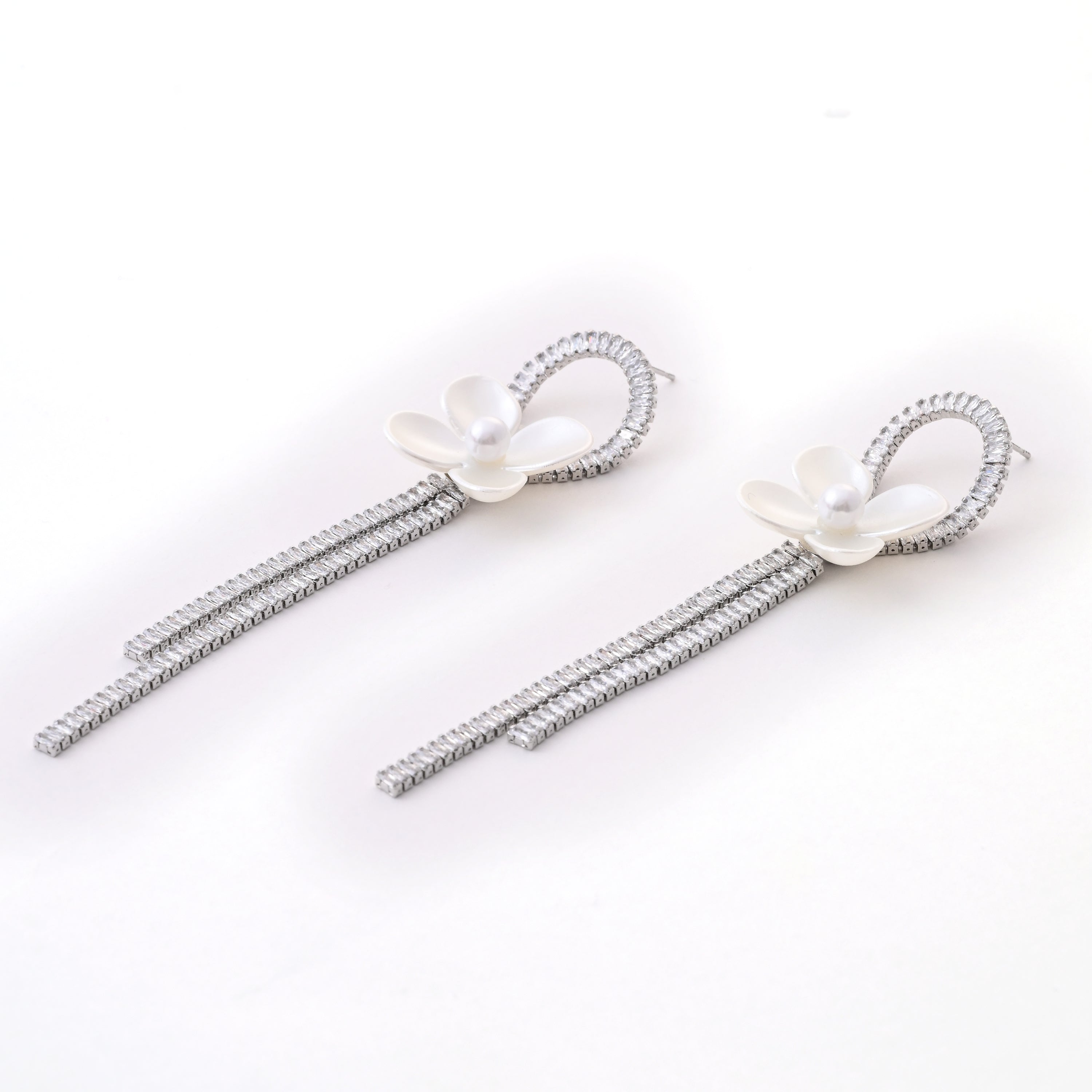 White Floral Loop Tassel Earrings