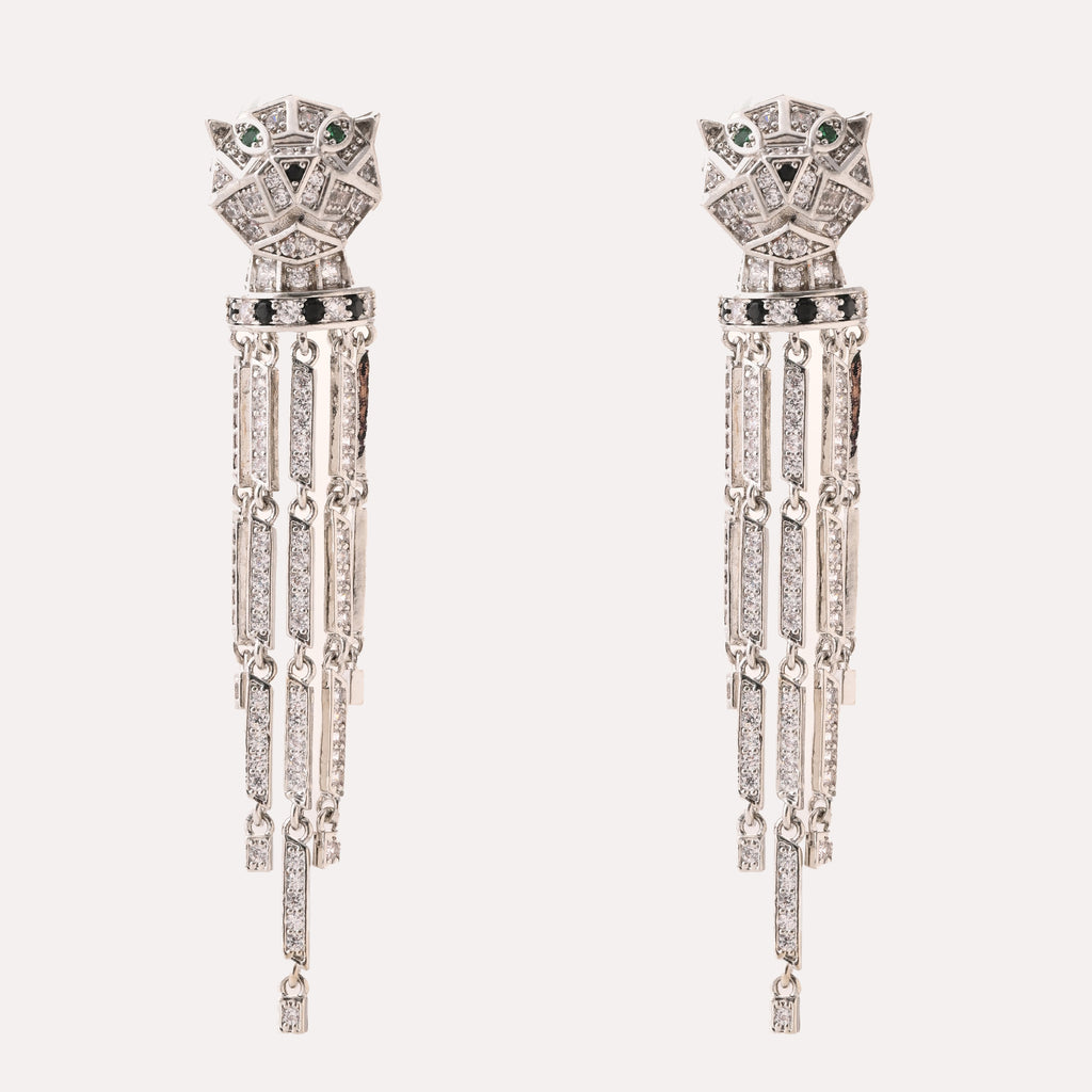 Silver Panther Tassel Statement Earrings