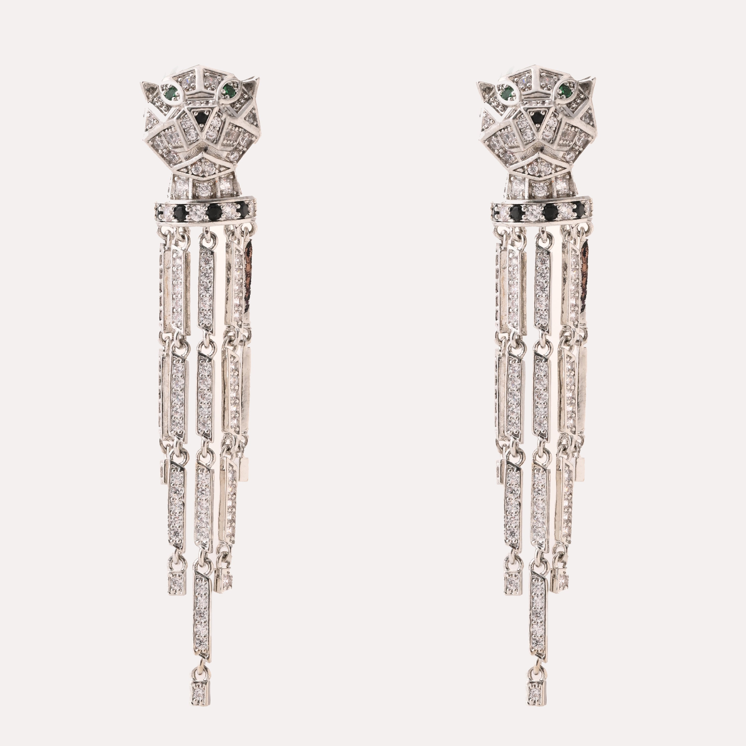 Silver Panther Tassel Statement Earrings