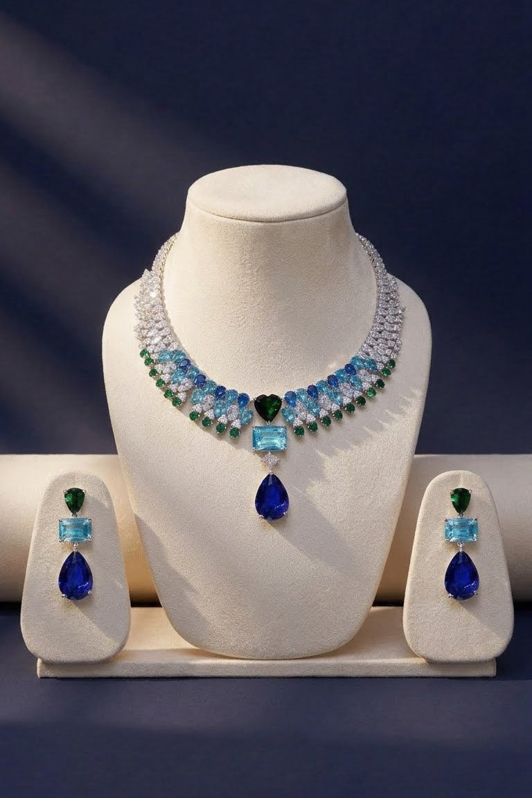 Royal Blue & Emerald Green Crystal Statement Necklace Set