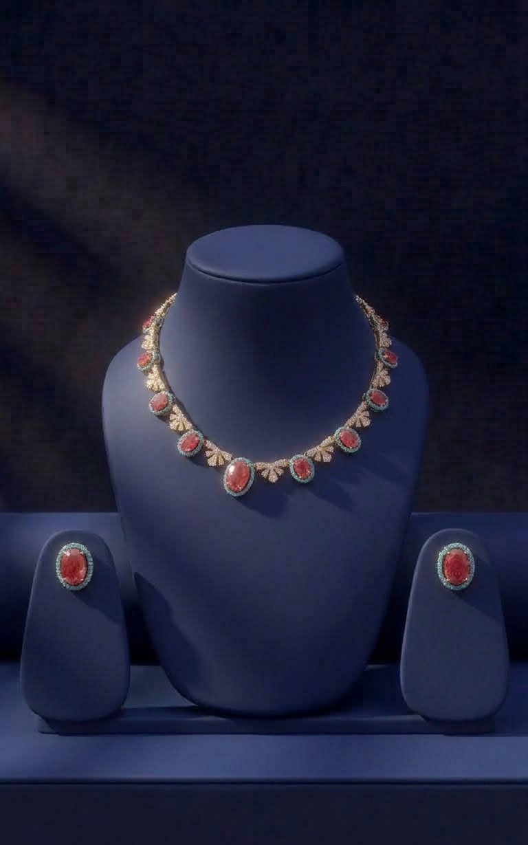 Gold Plated Red Stone Necklace Set With Matching Earrings