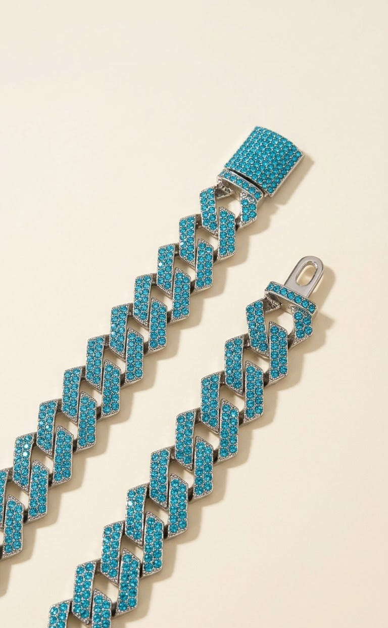 Turquoise Blue Pave Cuban Link Chain Nacklace