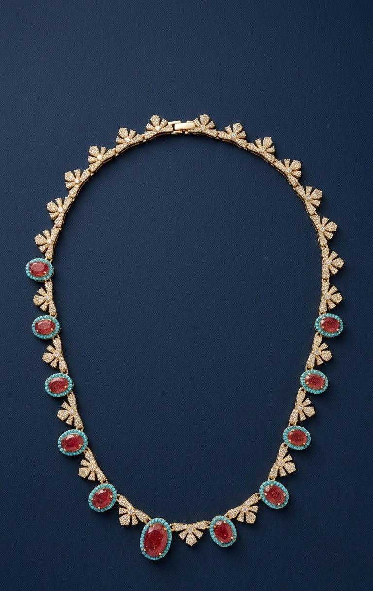 Gold Plated Red Stone Necklace Set With Matching Earrings