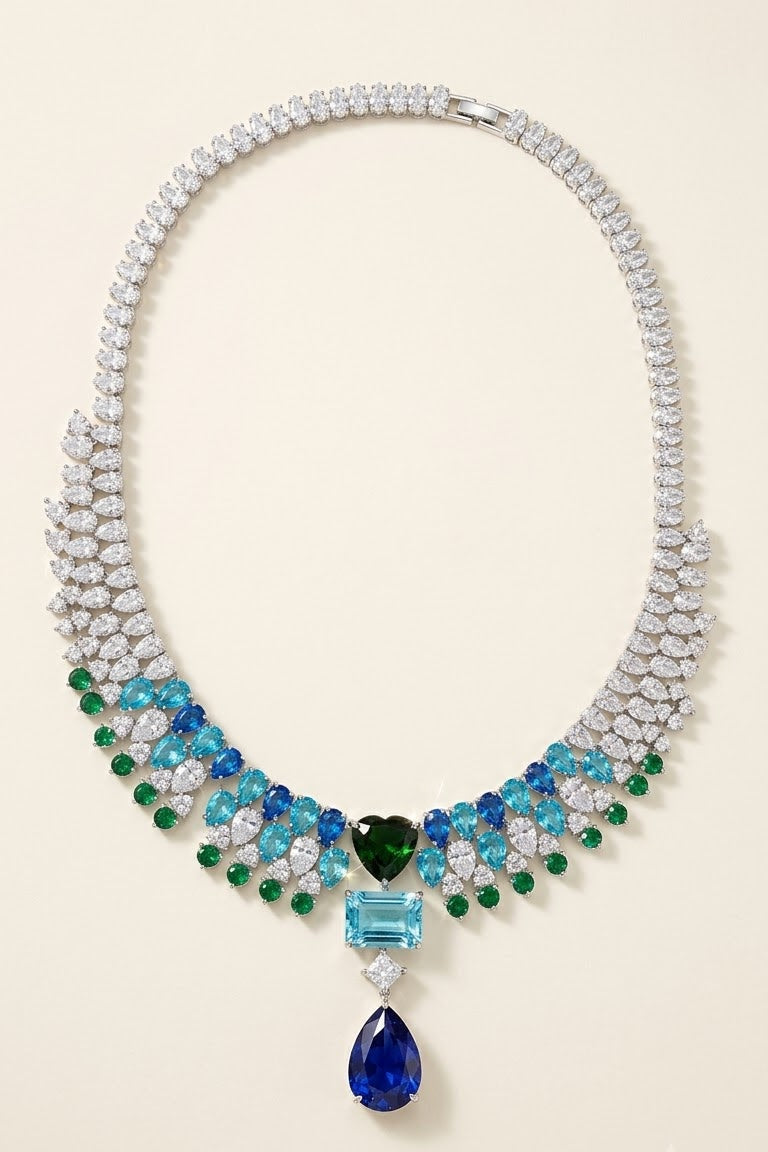 Royal Blue & Emerald Green Crystal Statement Necklace Set