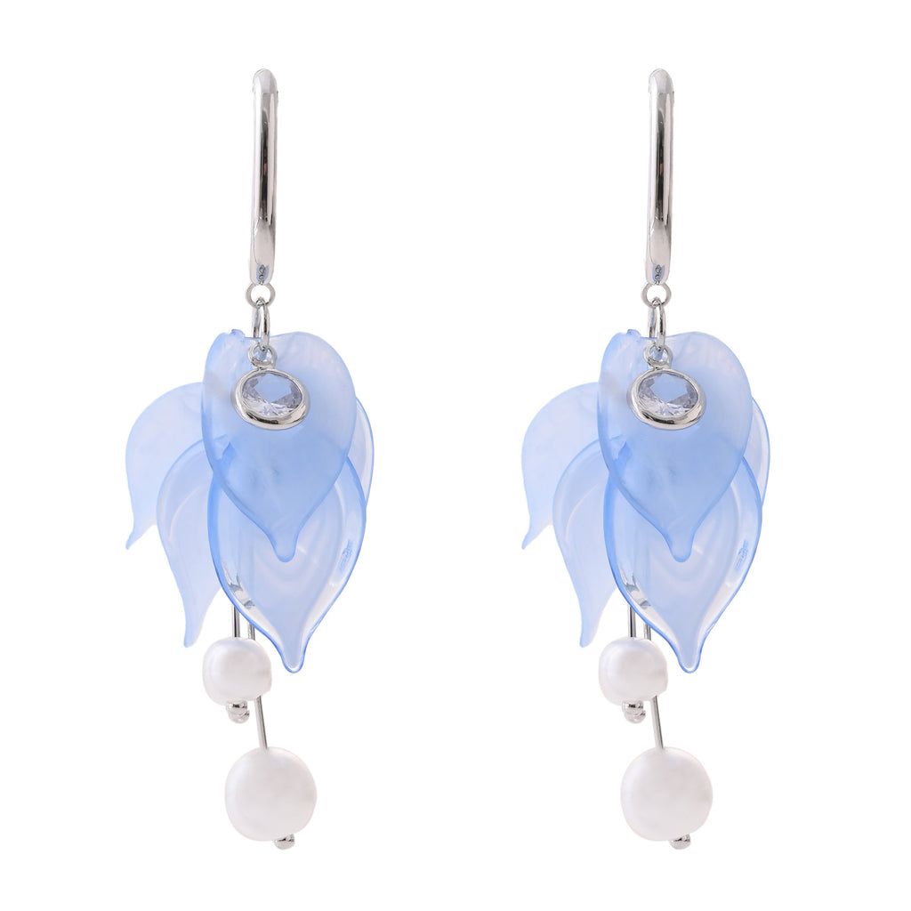 Elegant Azure Petal & Pearl Drop Earrings