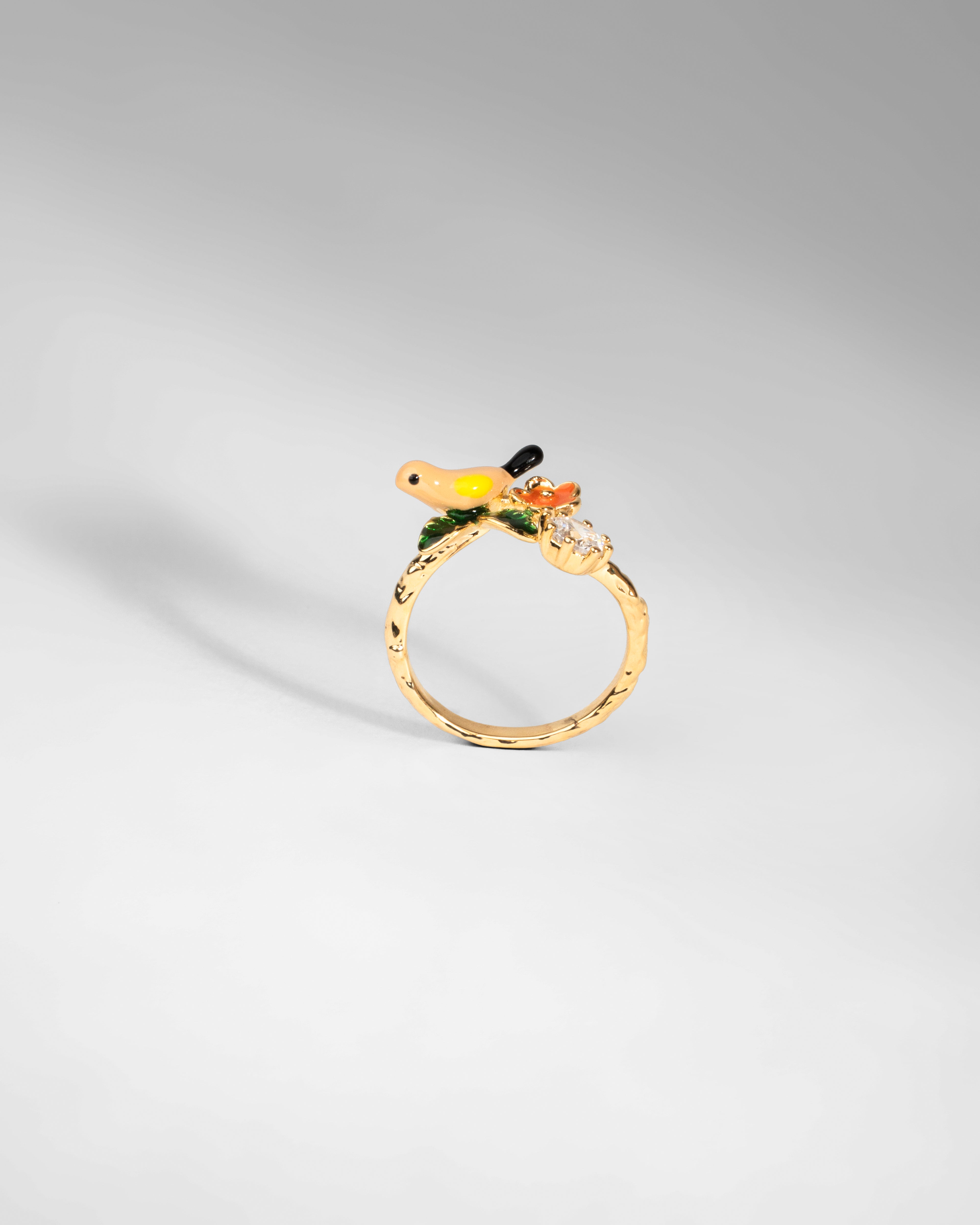 Vibrant Nature-Inspired Adjustable Ring with Enamel Bird and Floral Accents