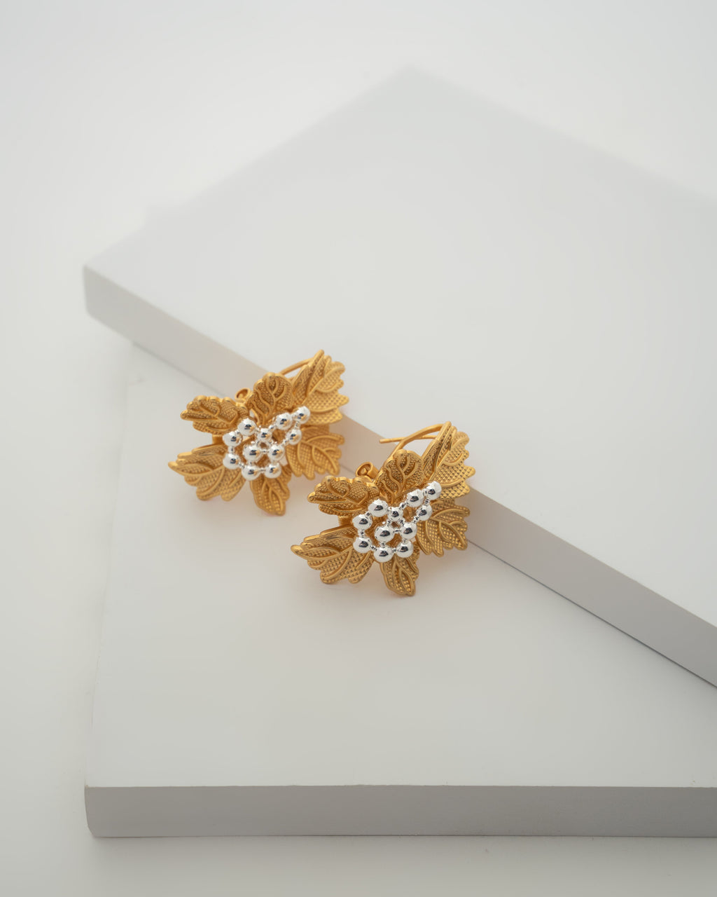 Exquisite Gold Leaf Cluster Earrings with Silver Accents