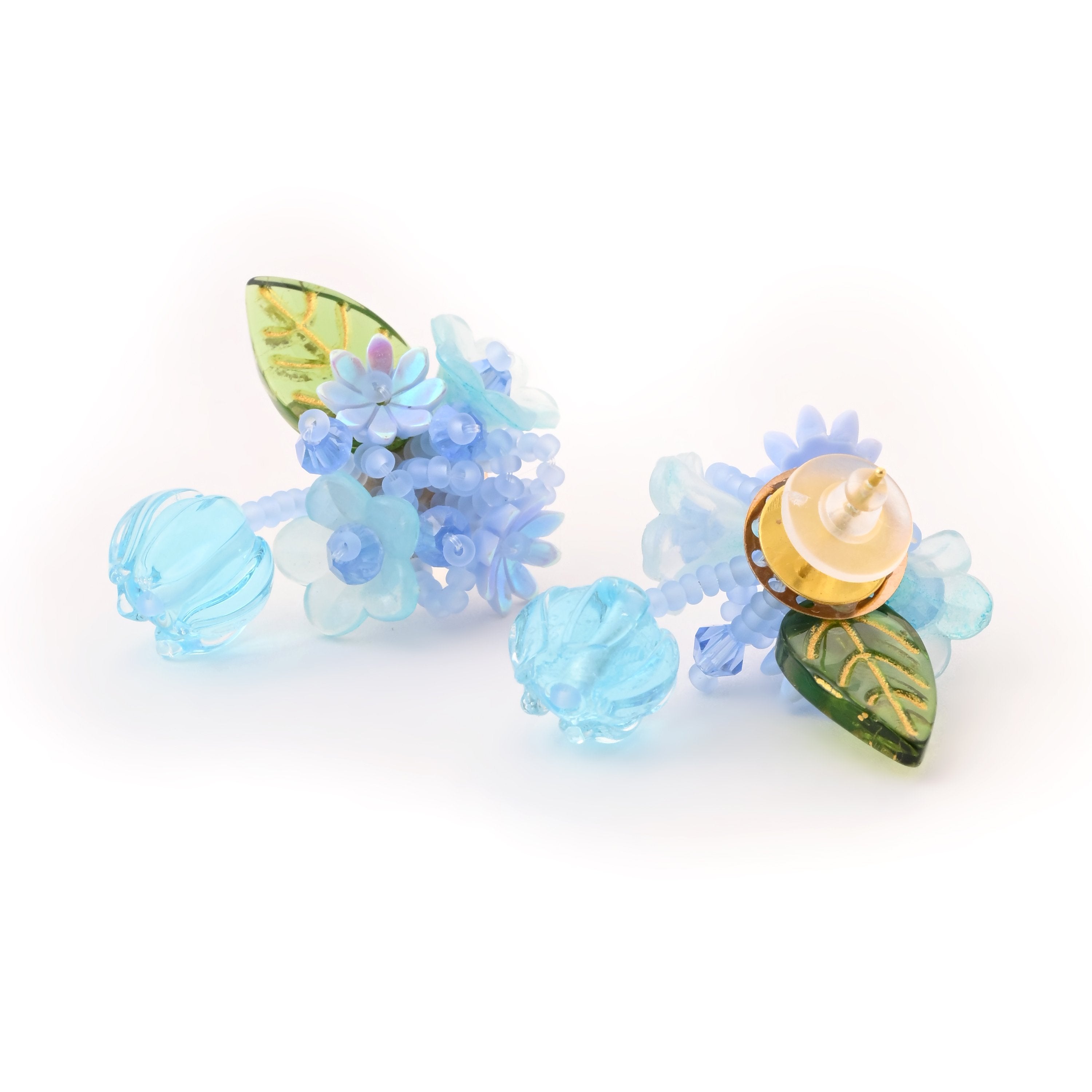 Exquisite Floral Blue Blossom Earrings with Leaf Accents