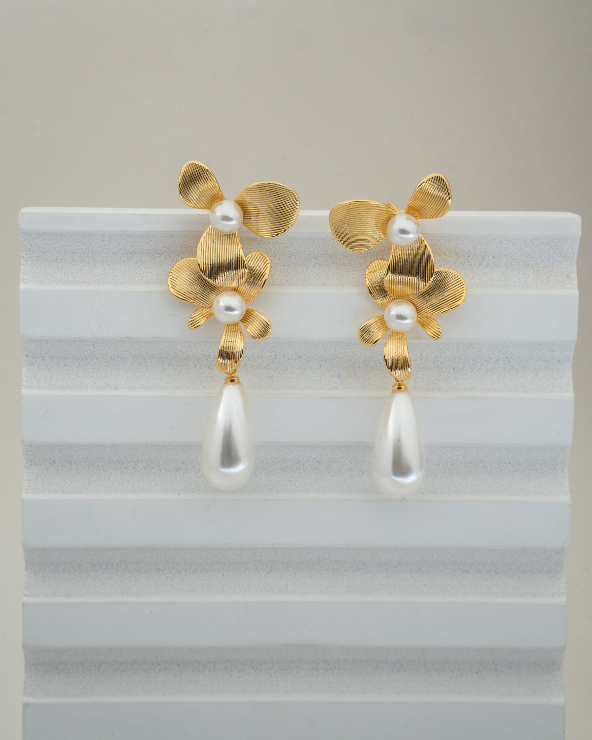 Elegant Gold Petal & Pearl Drop Earrings