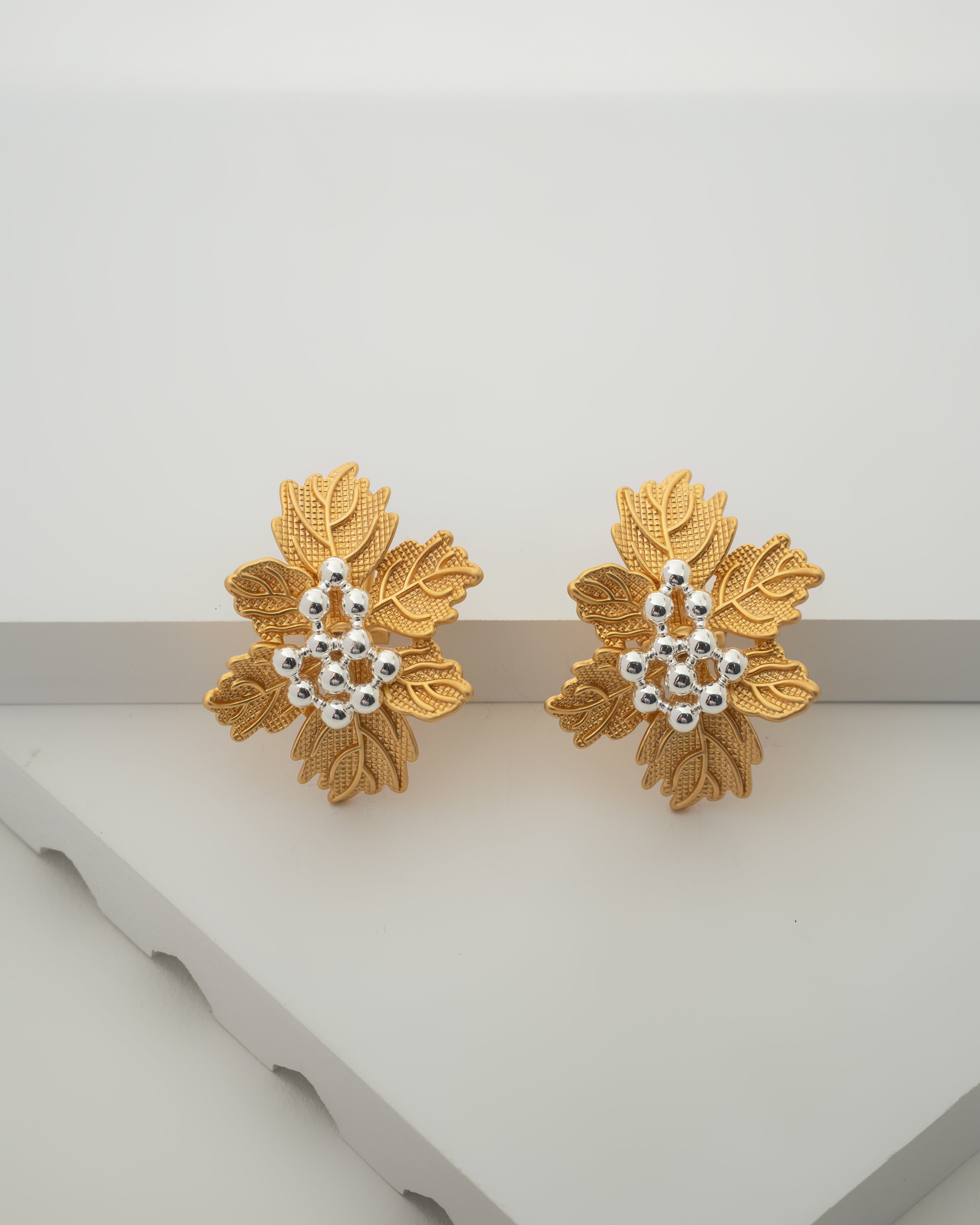 Exquisite Gold Leaf Cluster Earrings with Silver Accents