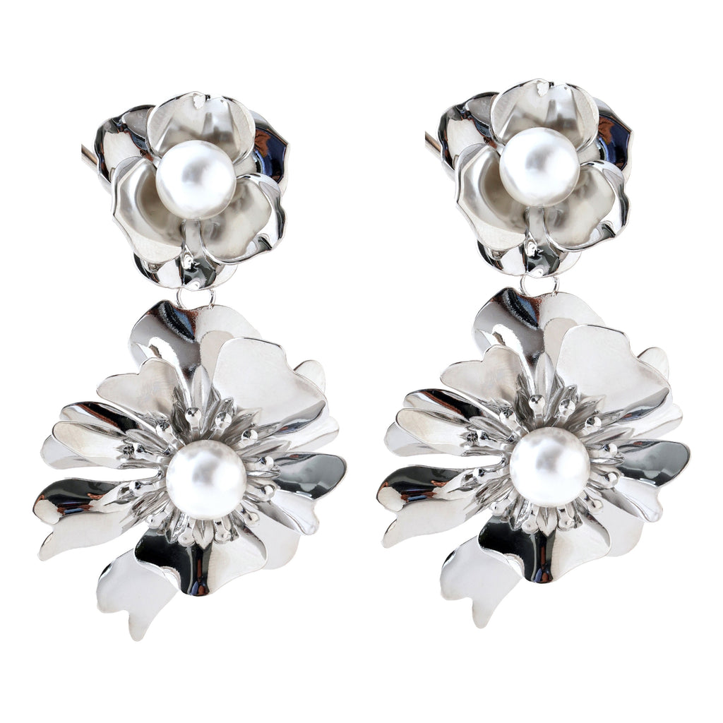 Elegant Silver Flower Drop Earrings with Pearl Accents