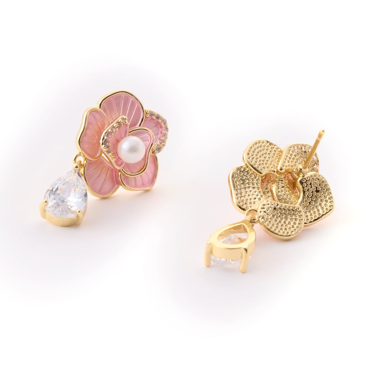 Elegant Pink Enamel Floral Earring with Pearl Center and Teardrop Crystal