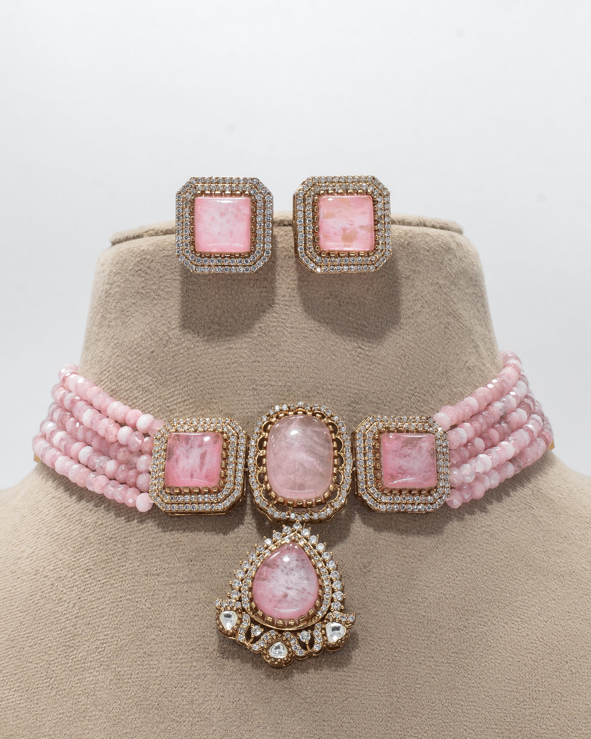 Elegance in Pink: Designer Rhodochrosite Choker and Earrings Set