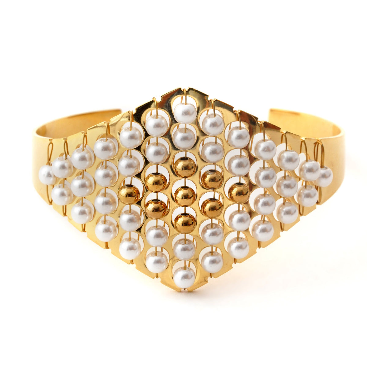 Luxurious Gold & Pearl Geometric Cuff Bracelet