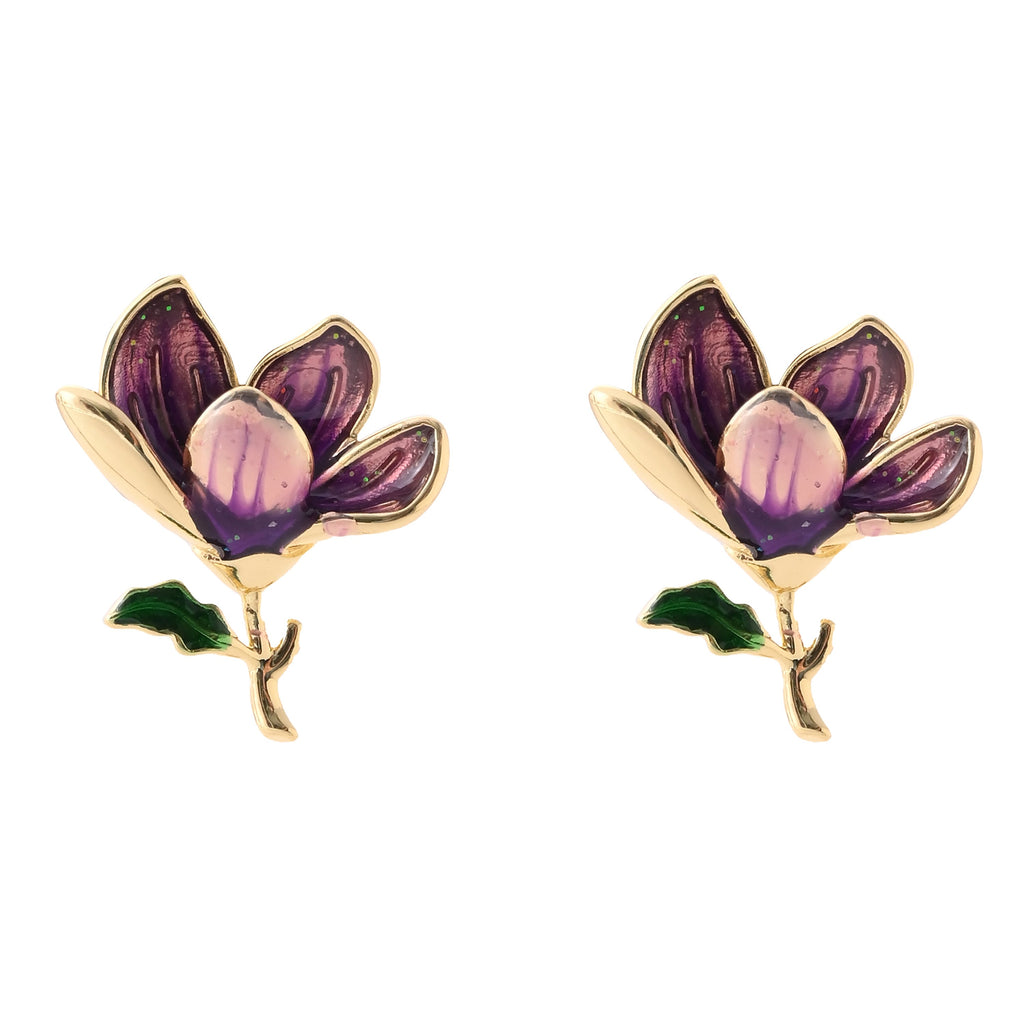 Elegant Purple Floral Enamel Stud Earrings
