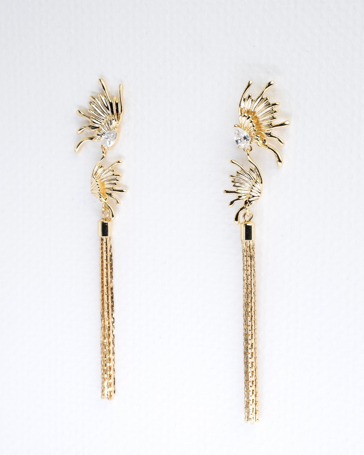Elegant Sunburst Crystal and Gold Tassel Earrings