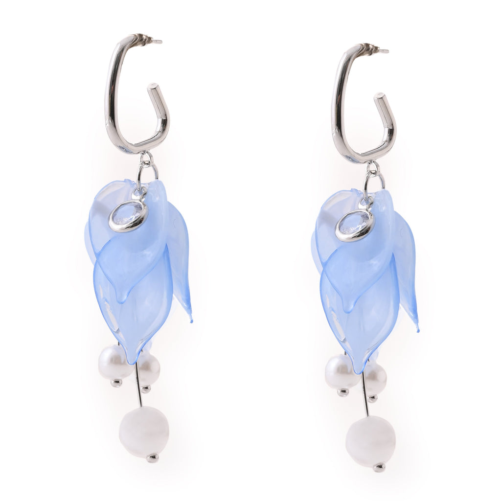 Elegant Azure Petal & Pearl Drop Earrings