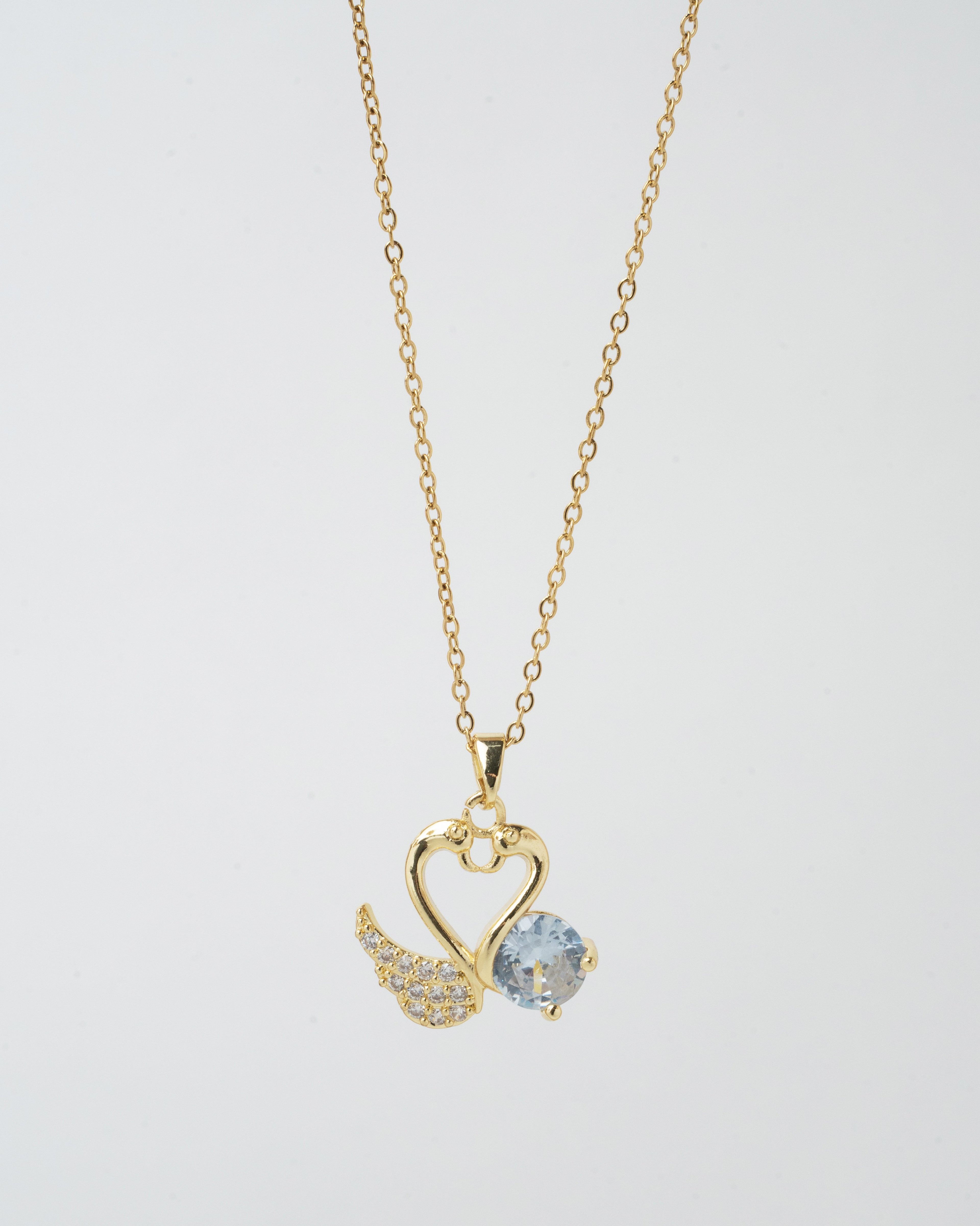 Gold-Plated Heart and Crystal Wing Pendant Necklace