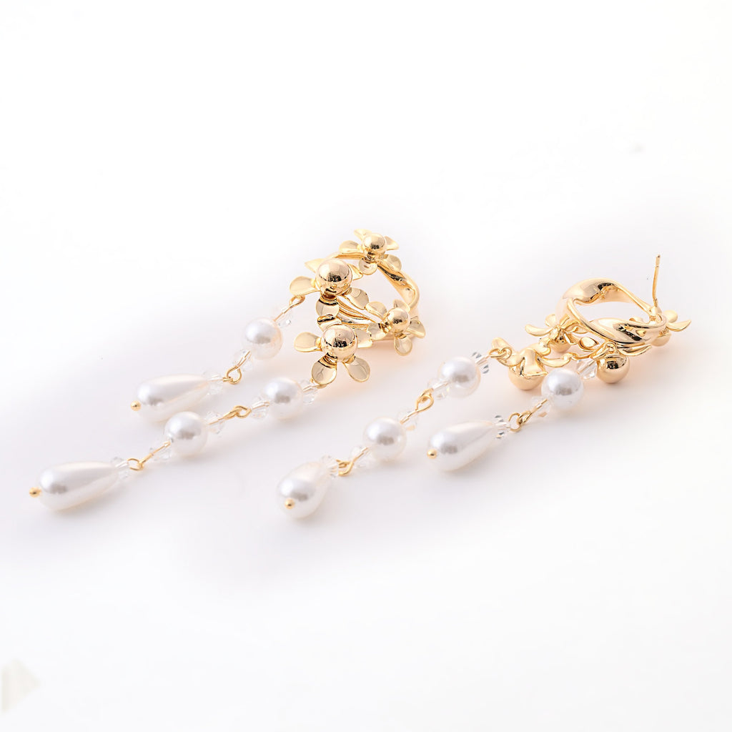 Elegant Floral Gold Pearl Drop Earrings