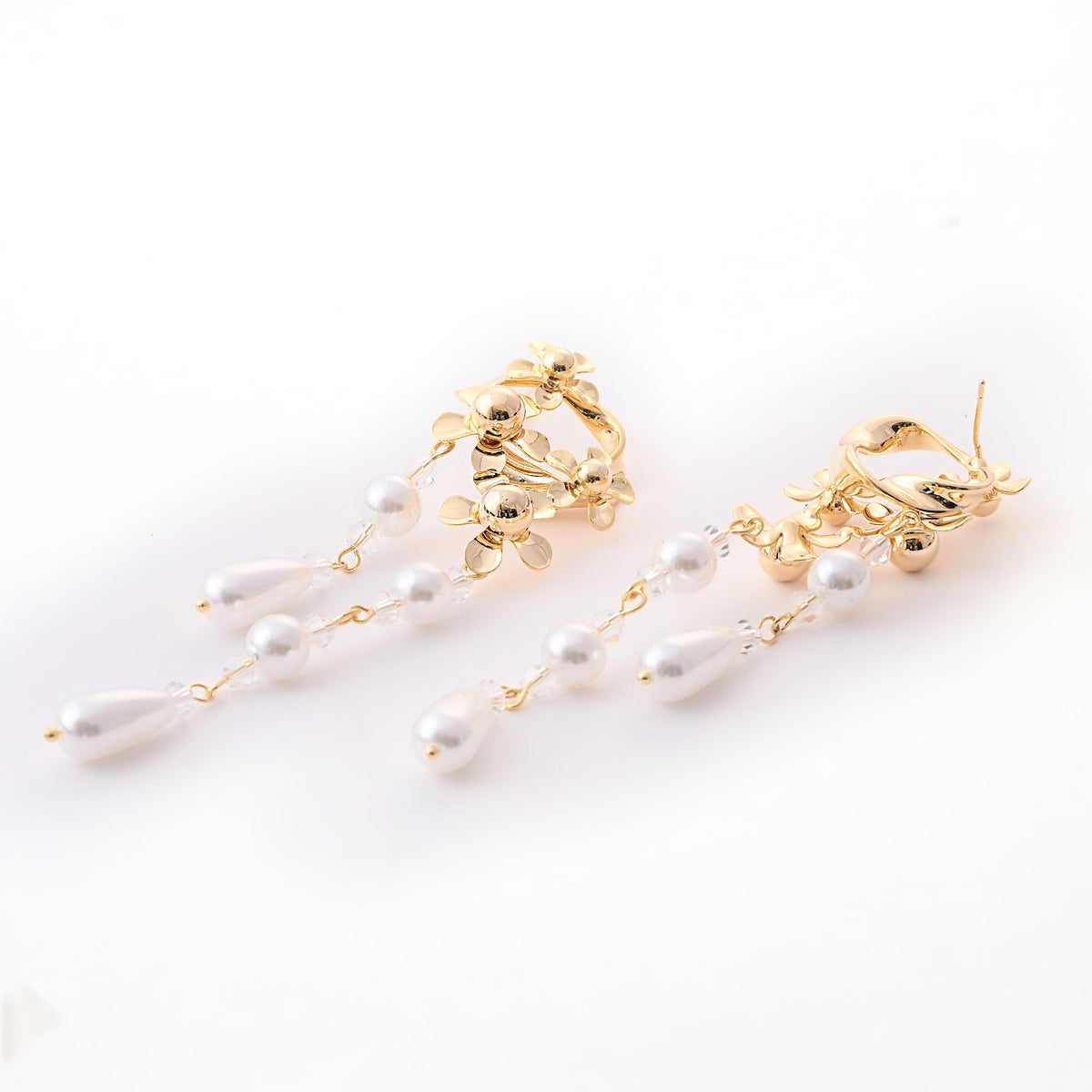 Elegant Floral Gold Pearl Drop Earrings
