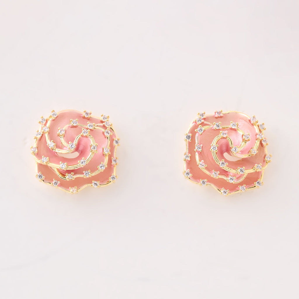 Elegant Rose Swirl Enamel Earrings with Crystal Accents