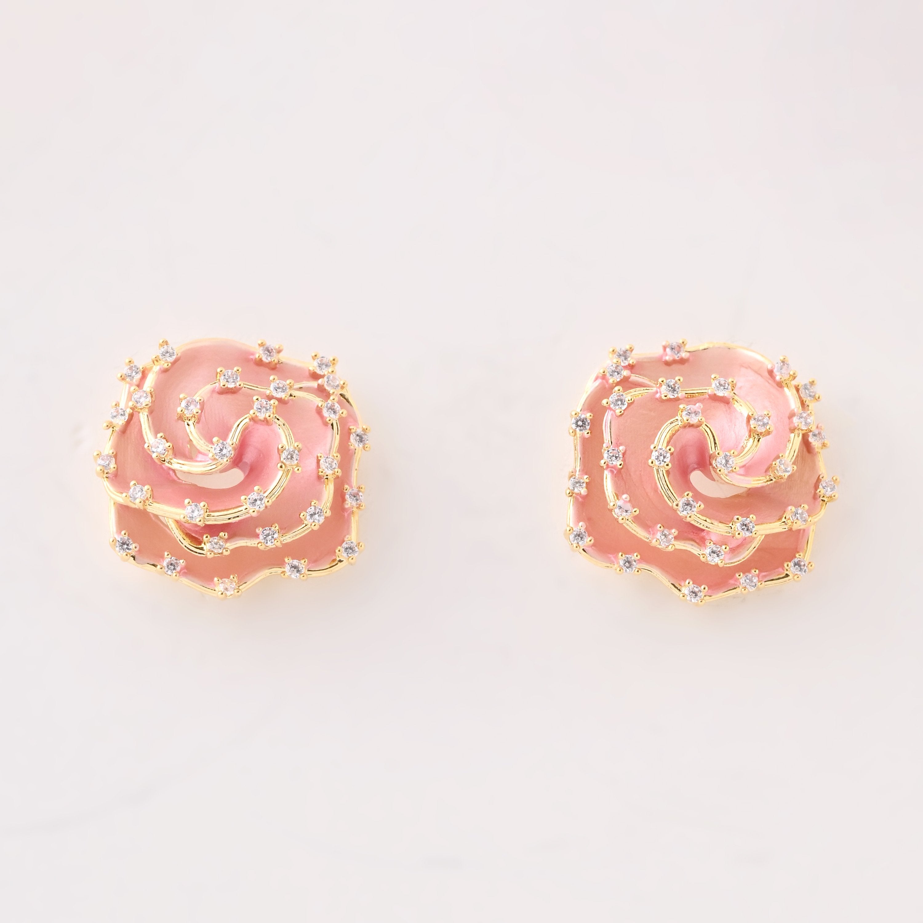 Elegant Rose Swirl Enamel Earrings with Crystal Accents
