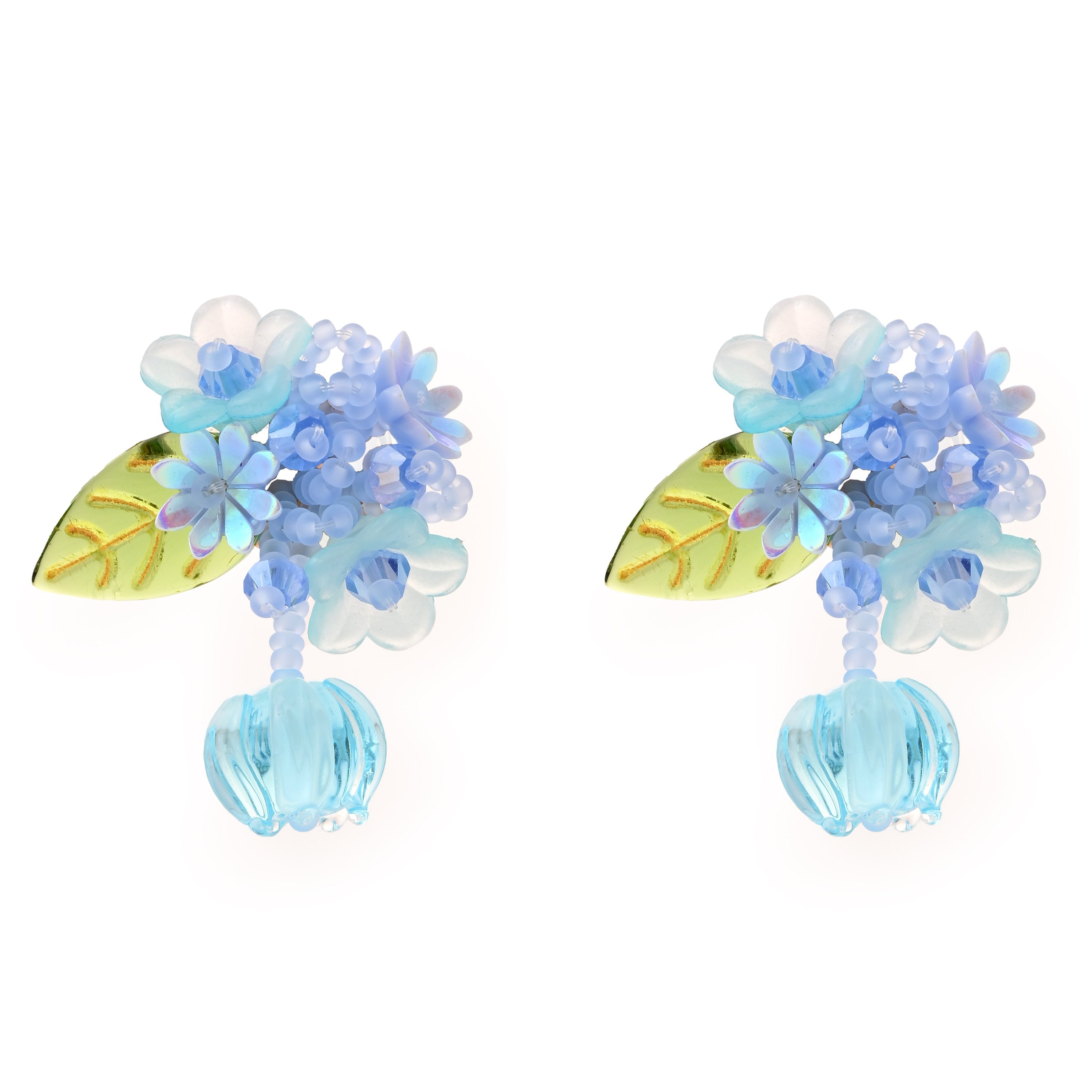 Exquisite Floral Blue Blossom Earrings with Leaf Accents