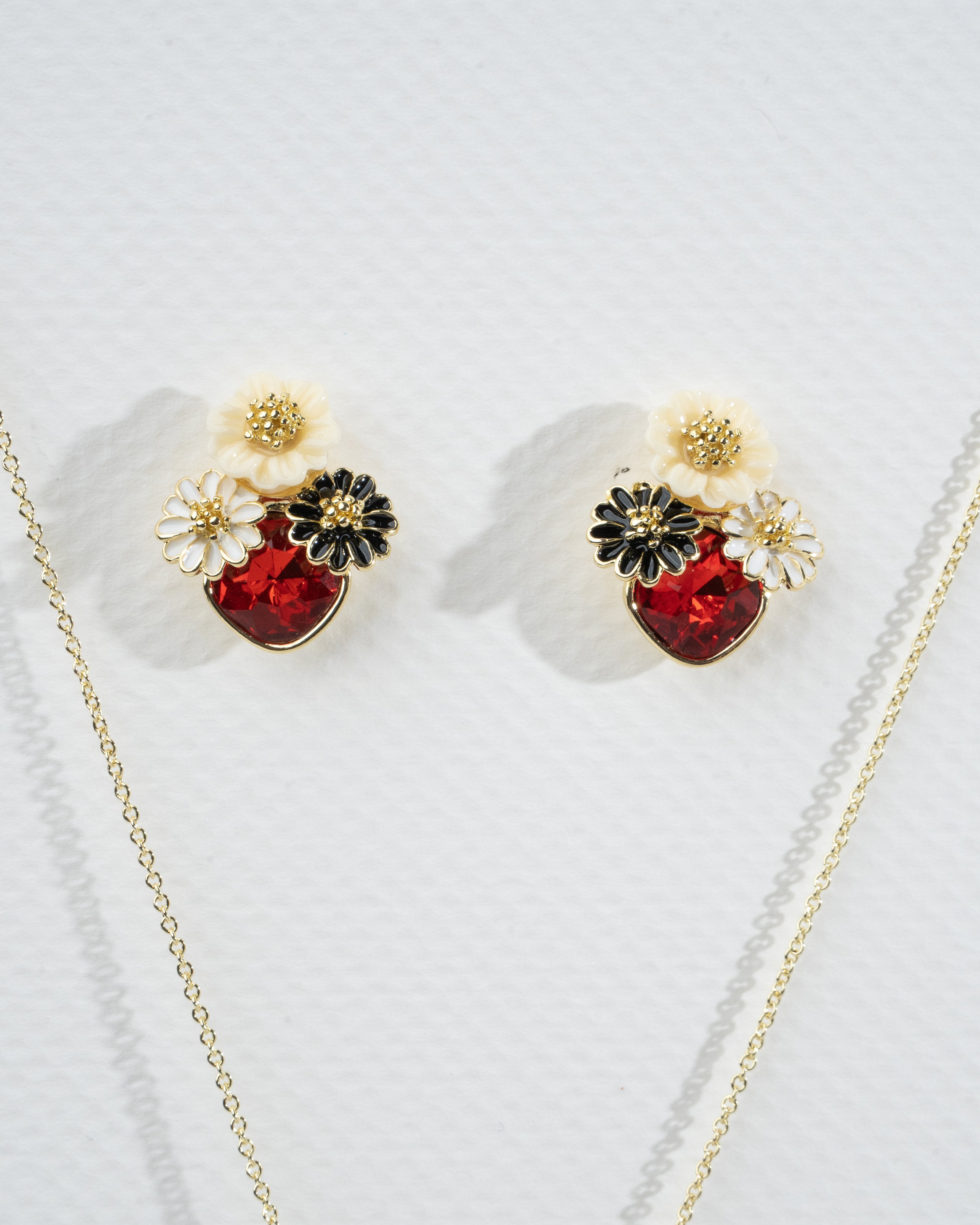 Elegant Floral Charm Necklace and Earrings Set with Red Heart Accents