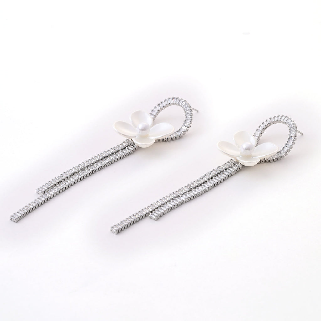 Elegant Crystal Floral Earring with Delicate Dangling Strands
