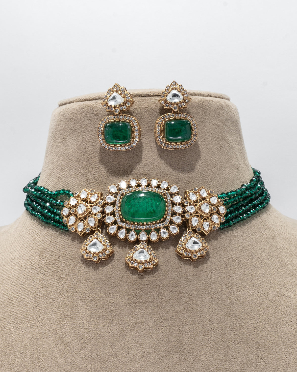 Exquisite Emerald and Crystal Gold Plated Choker Set with Matching Earrings