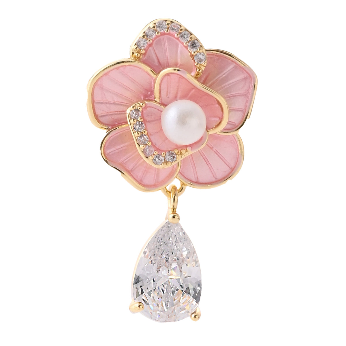 Elegant Pink Enamel Floral Earring with Pearl Center and Teardrop Crystal