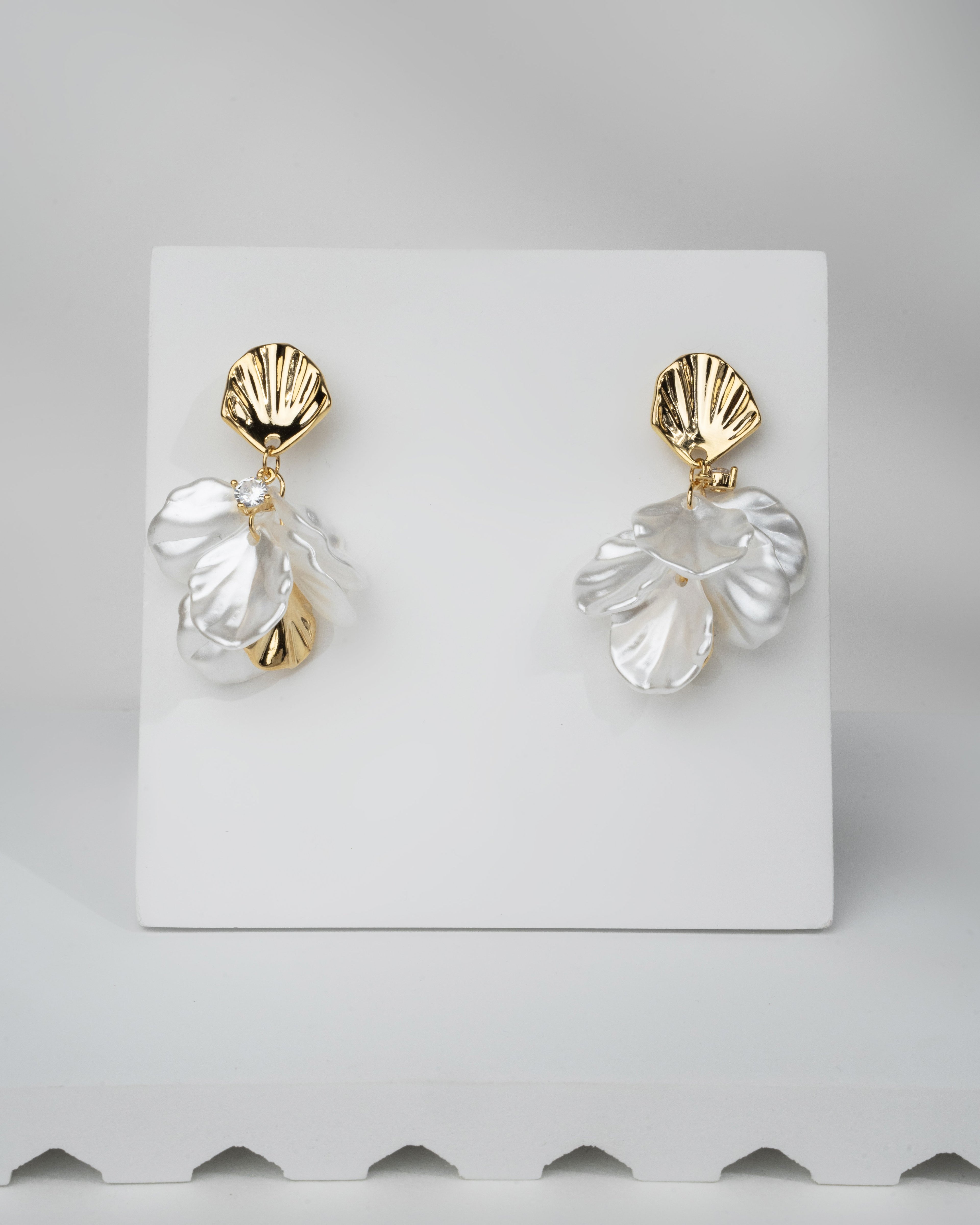 Elegant Gold-Plated Leaf Drop Earrings with Pearlescent Petals