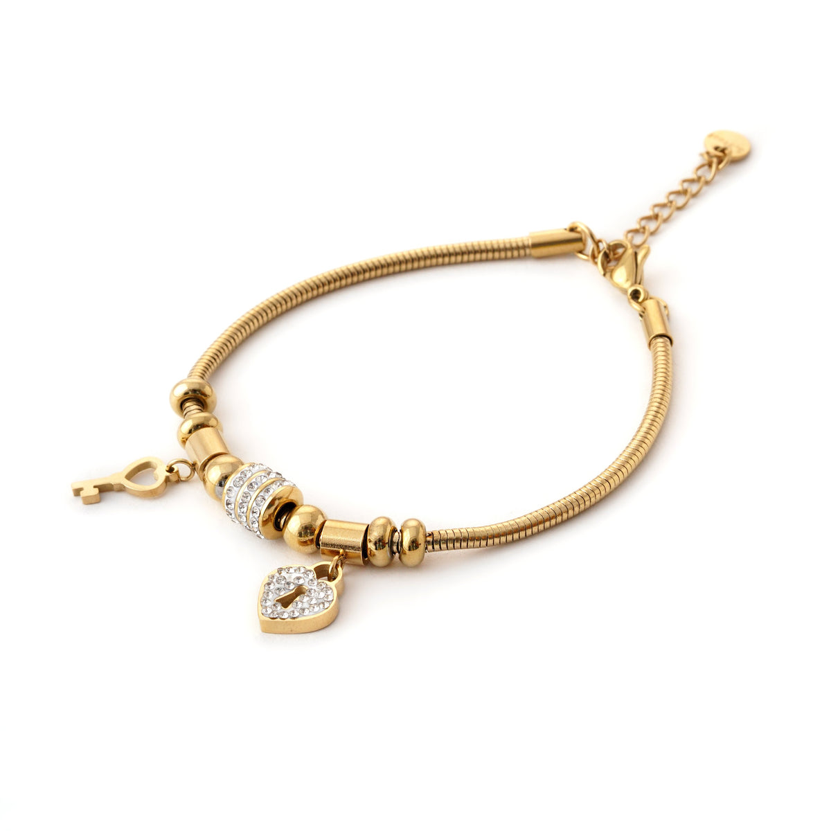 Elegant Gold Charm Bracelet with Key and Heart Pendants