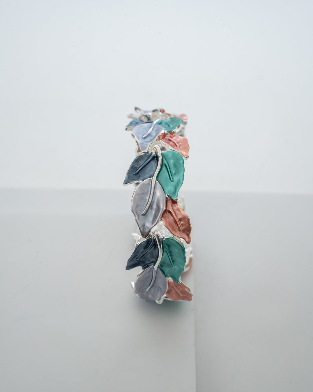 Elegant Multicolor Leaf Motif Silver Bracelet