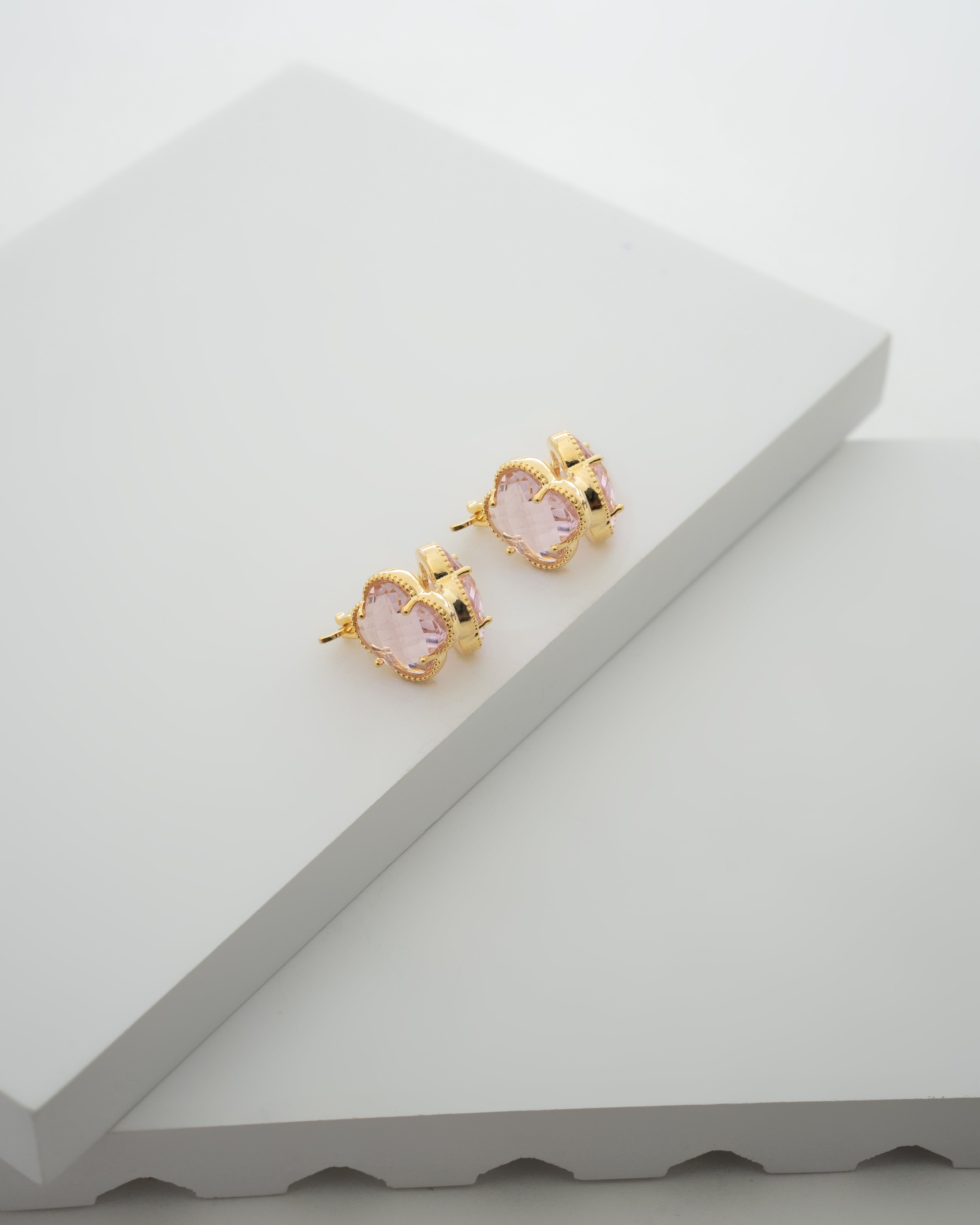 Elegant Clover Pink Crystal Earrings with Gold Plating
