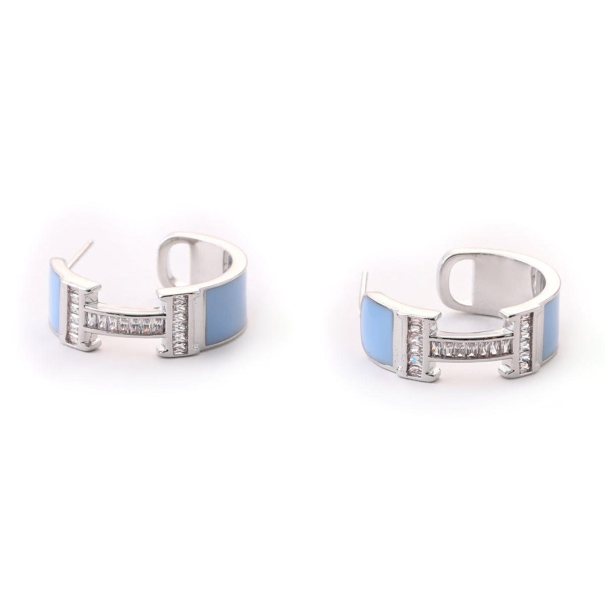 Elegant Silver and Blue Enamel Geometric Earring