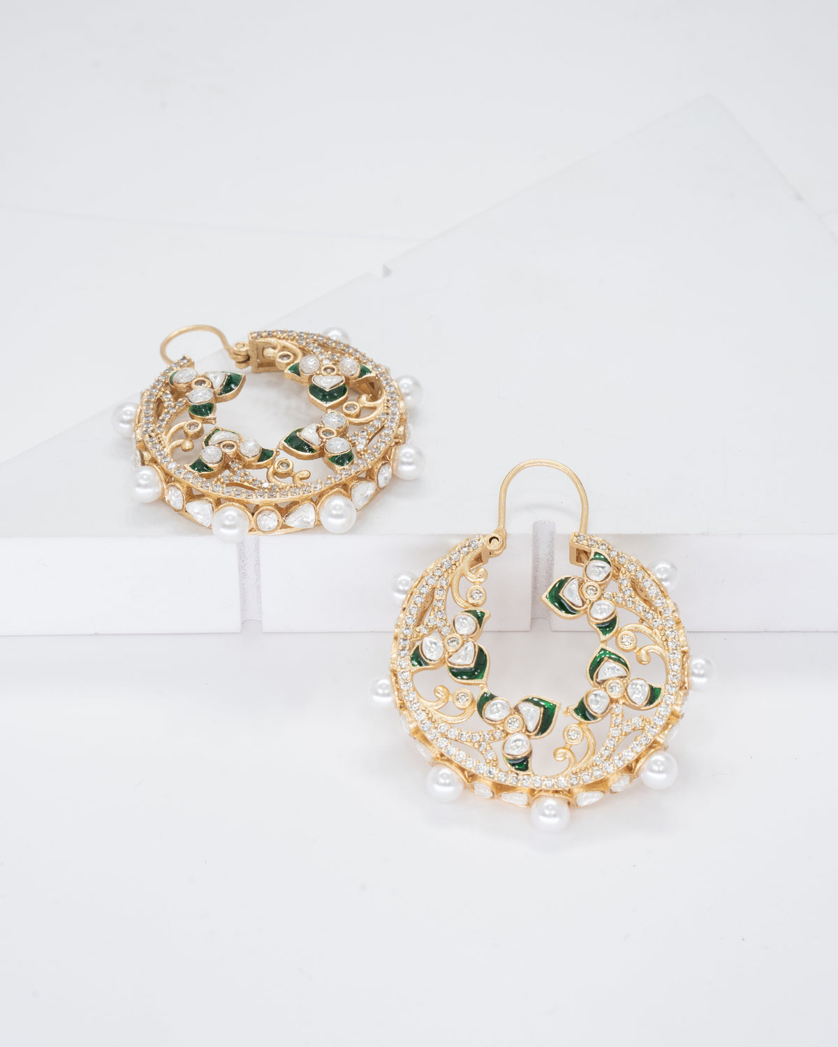 Exquisite Gold-Plated Kundan Meenakari Chandbali Earrings with Pearl Accents