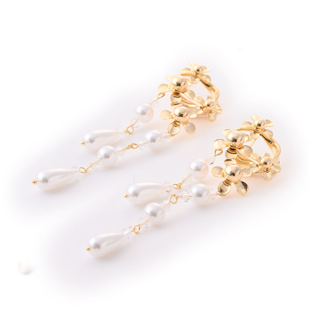 Elegant Floral Gold Pearl Drop Earrings