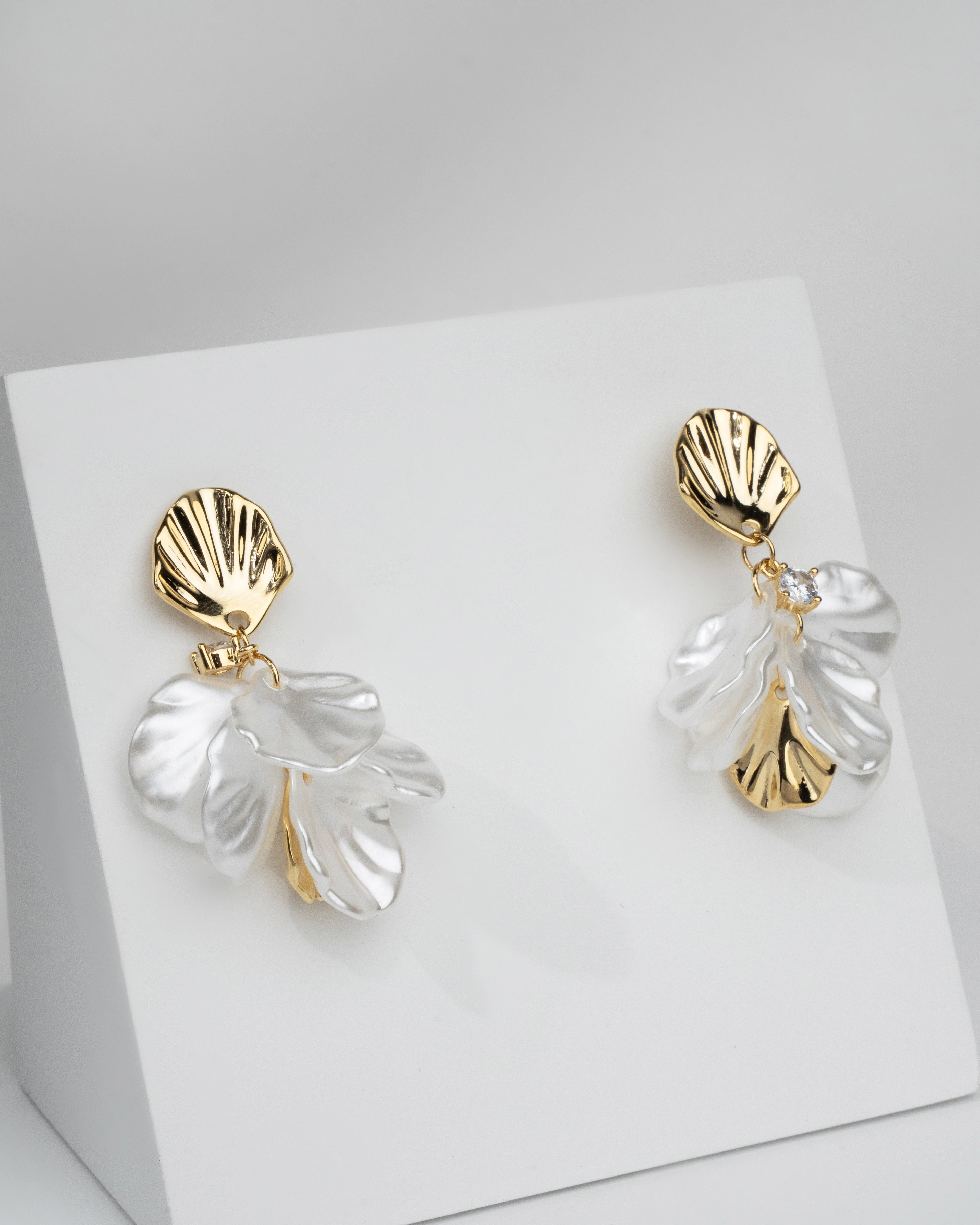 Elegant Gold-Plated Leaf Drop Earrings with Pearlescent Petals