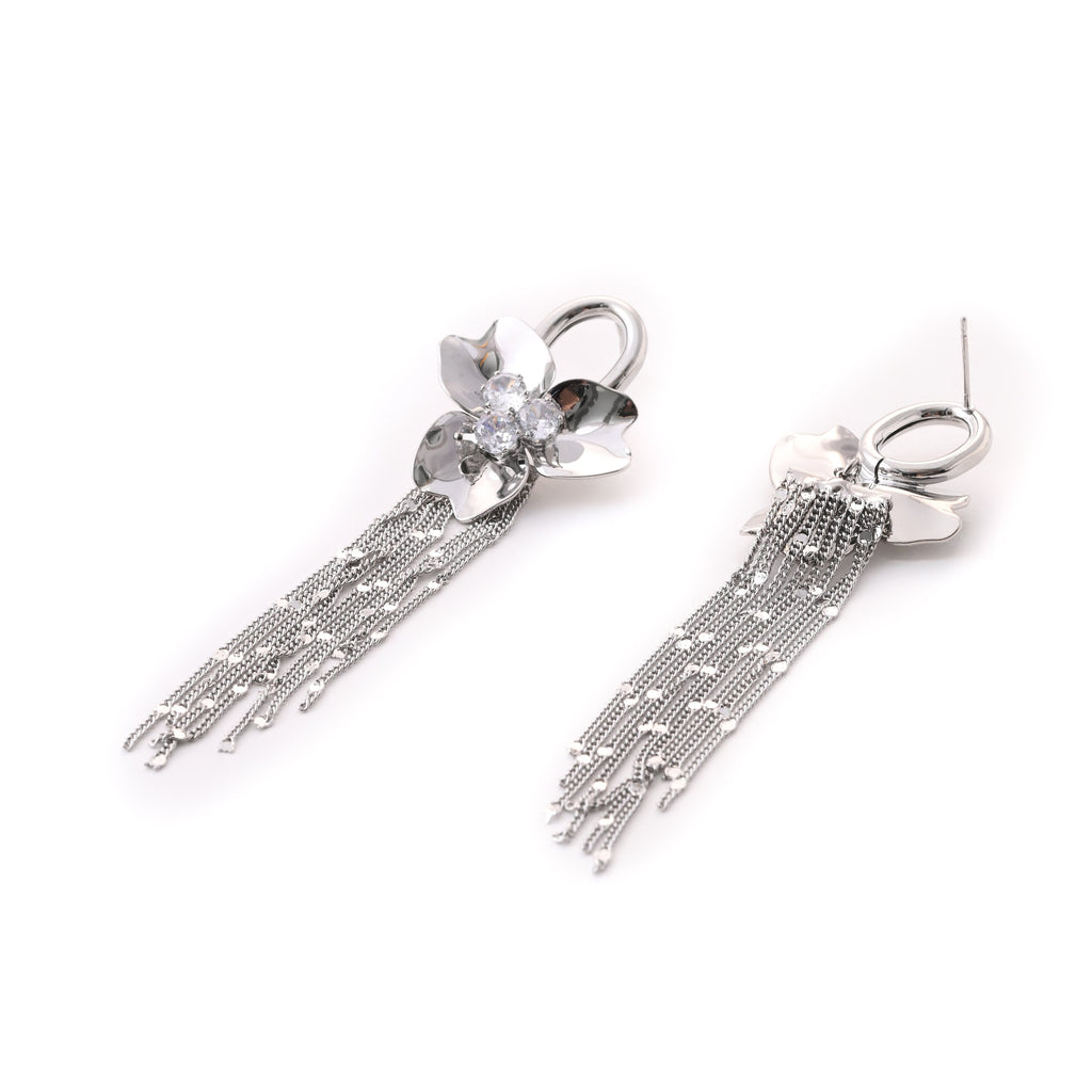 Luxe Silver Orchid Dangle Earrings with Crystal Accents