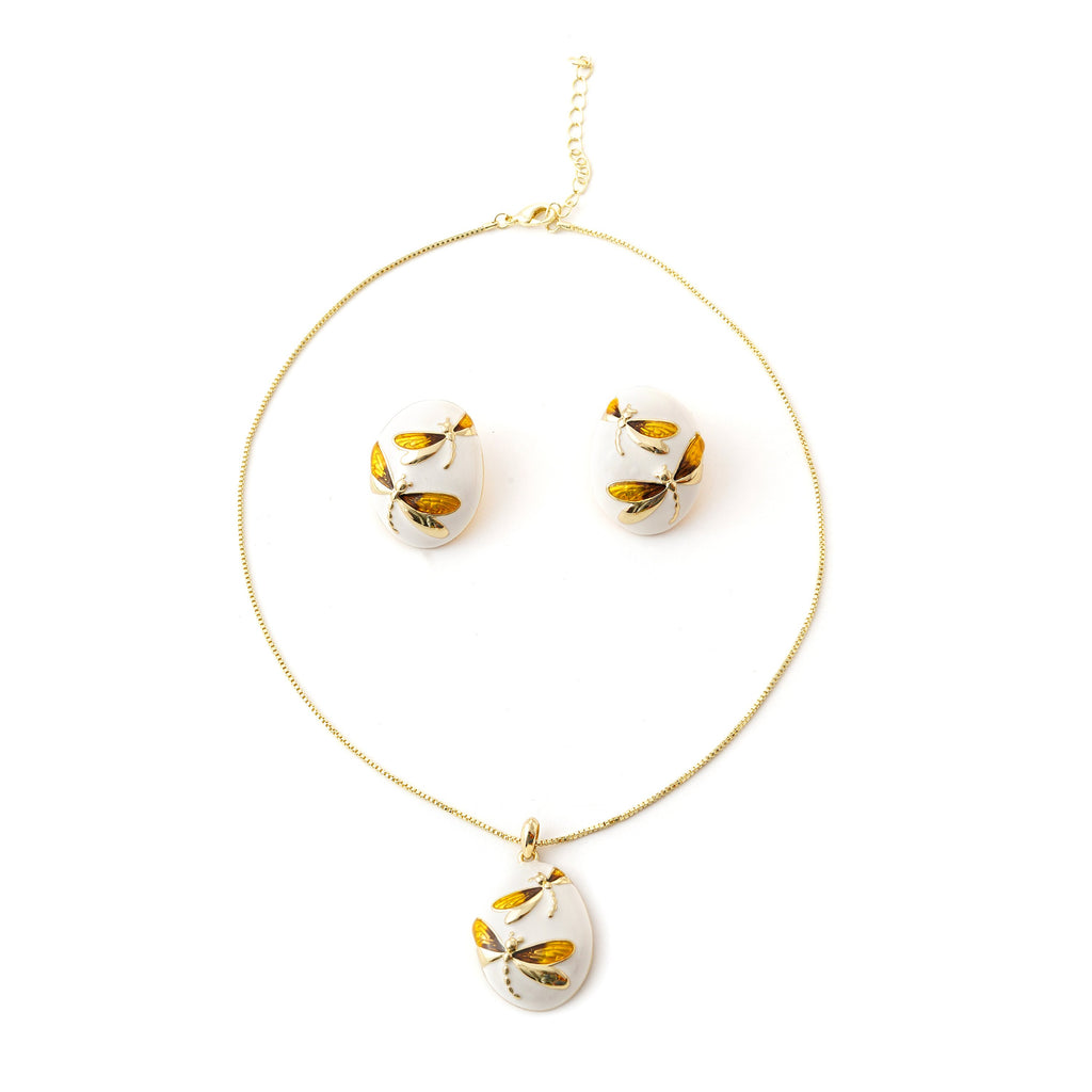 Elegant Dragonfly Ceramic Jewelry Set with Golden Accents