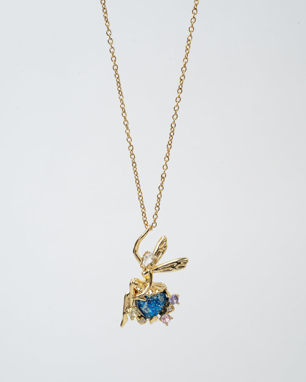 Enchanted Fairy Gold Pendant Necklace with Blue Gemstone