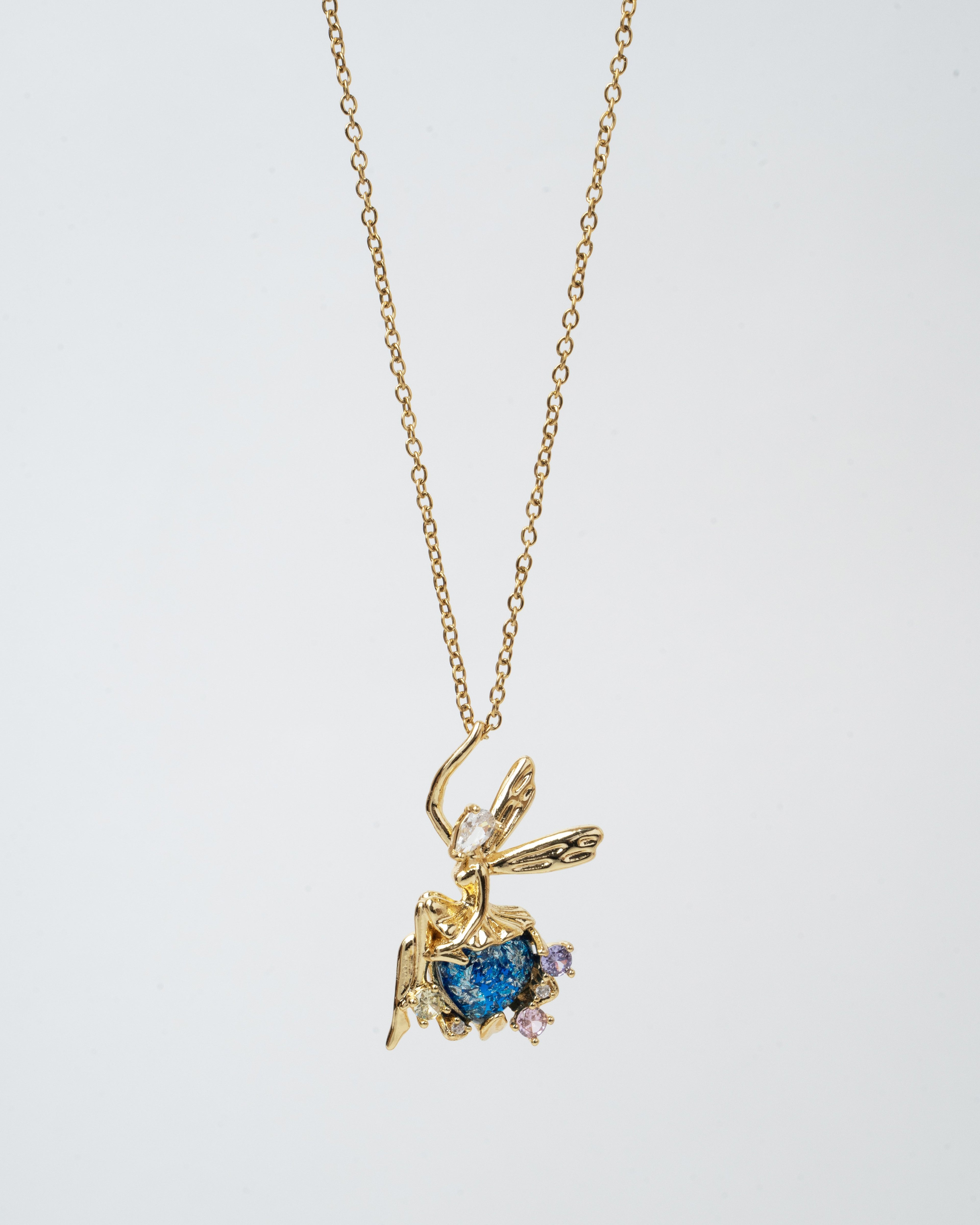 Enchanted Fairy Gold Pendant Necklace with Blue Gemstone