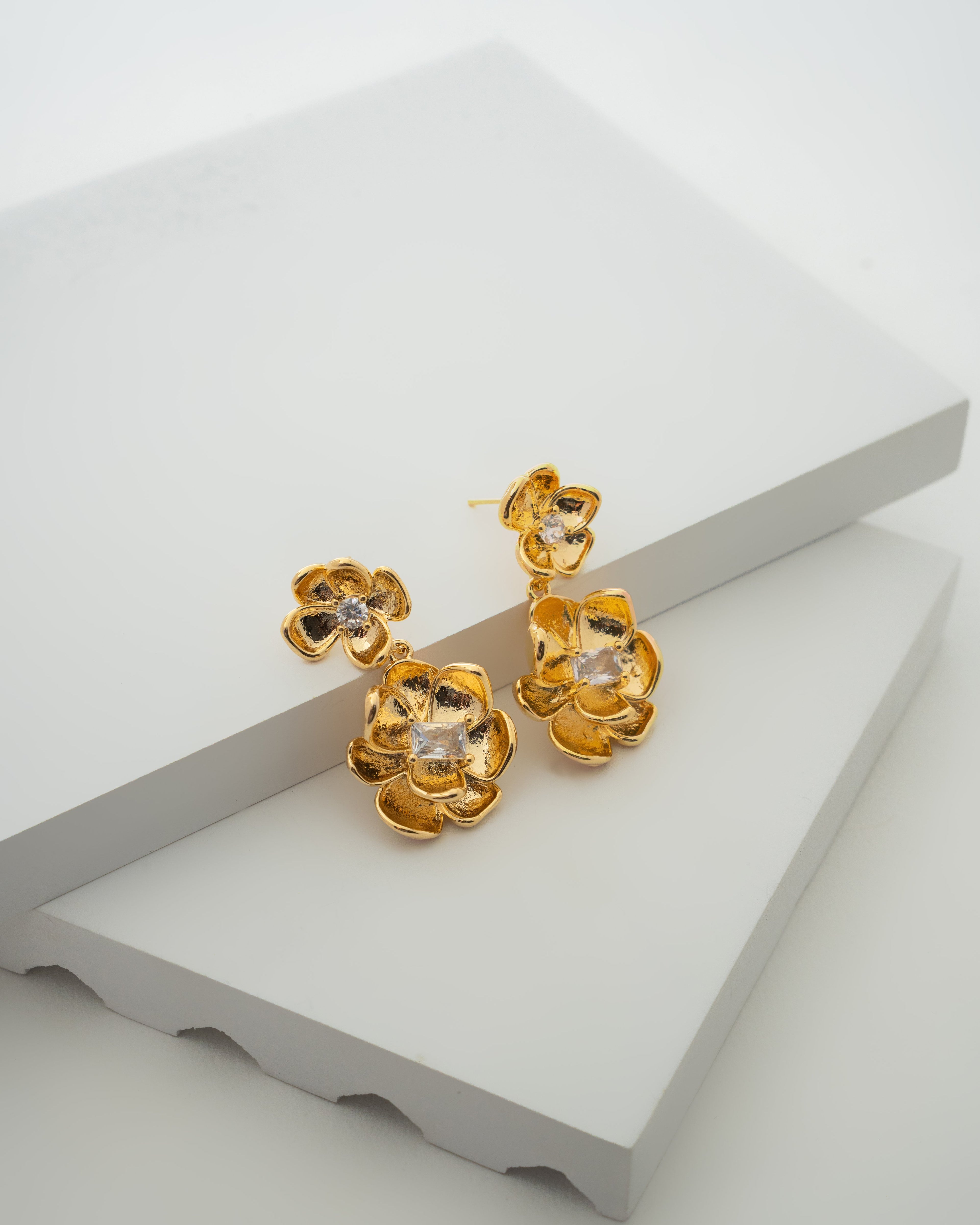 Luxurious Gold Blossom Earrings with Diamond Accents